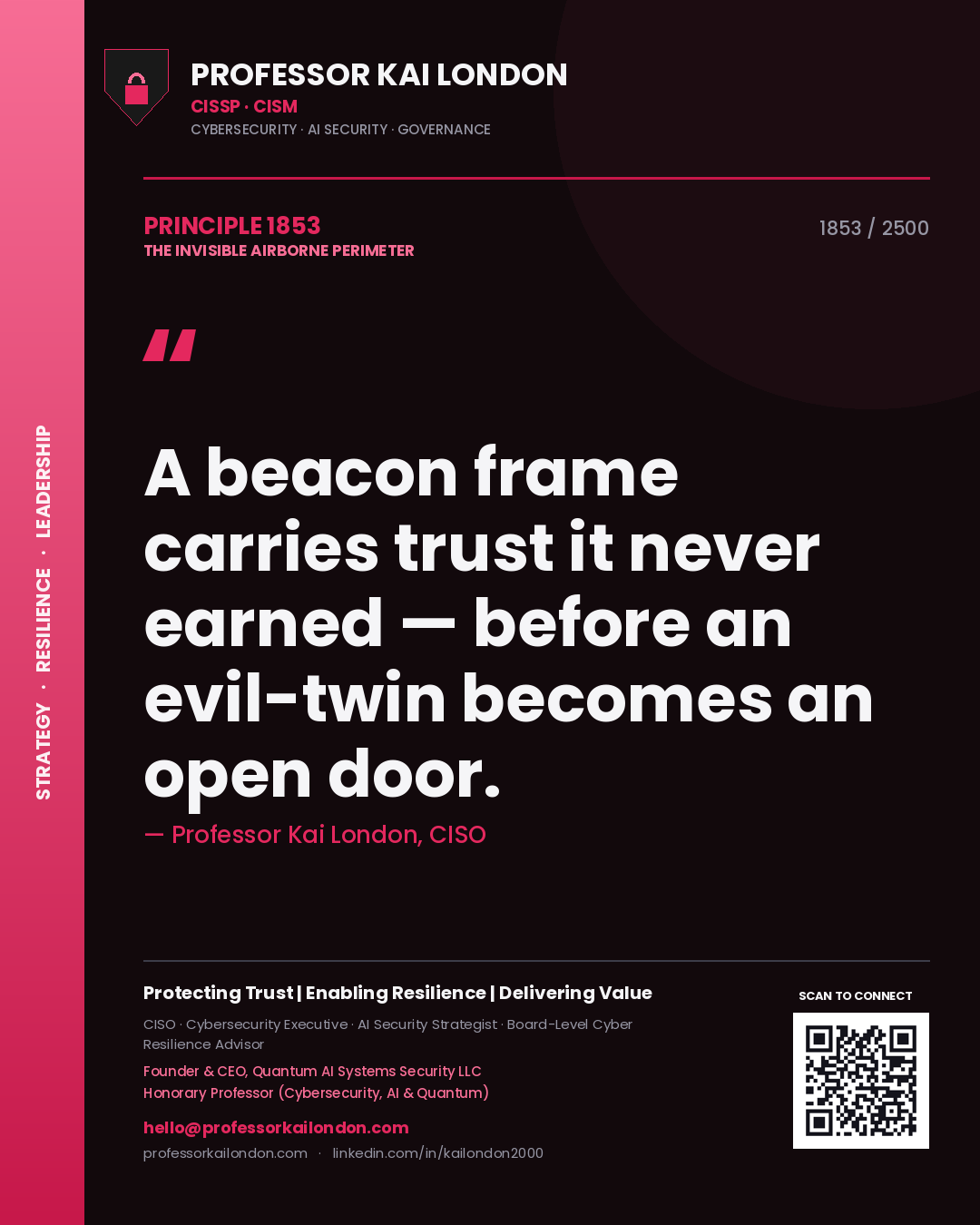 Quote card by Professor Kai London reading 'A beacon frame carries trust it never earned — before an evil-twin becomes an open door.'. From the book The Invisible Airborne Perimeter.