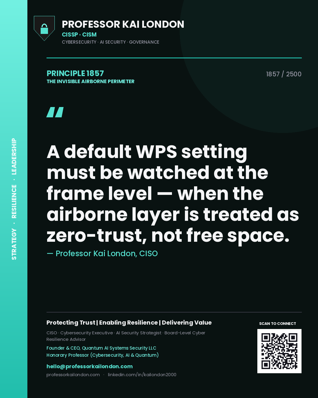Professor Kai London principle 1857: A default WPS setting must be watched at the frame level — when the airborne layer is treated as zero-trust, not free space.