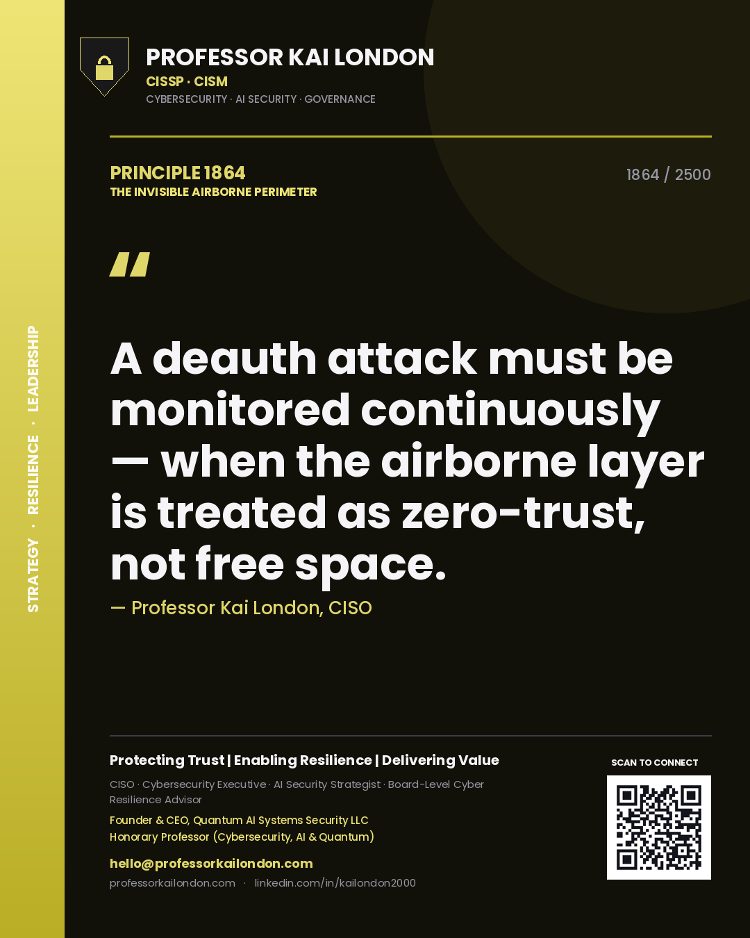 Quote card by Professor Kai London reading 'A deauth attack must be monitored continuously — when the airborne layer is treated as zero-trust, not free space.'. From the book The Invisible Airborne Perimeter.