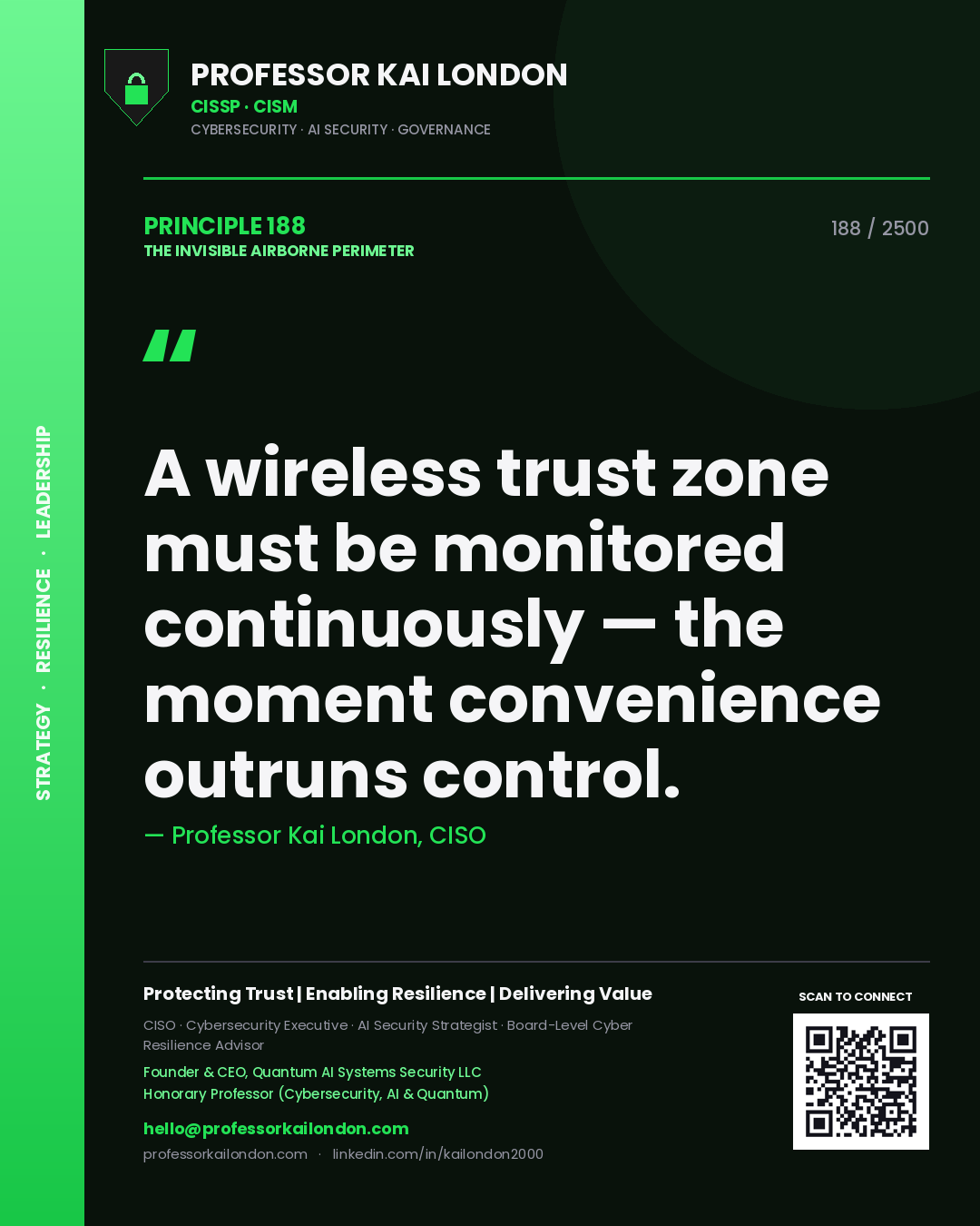 Quote card by Professor Kai London reading 'A wireless trust zone must be monitored continuously — the moment convenience outruns control.'. From the book The Invisible Airborne Perimeter.