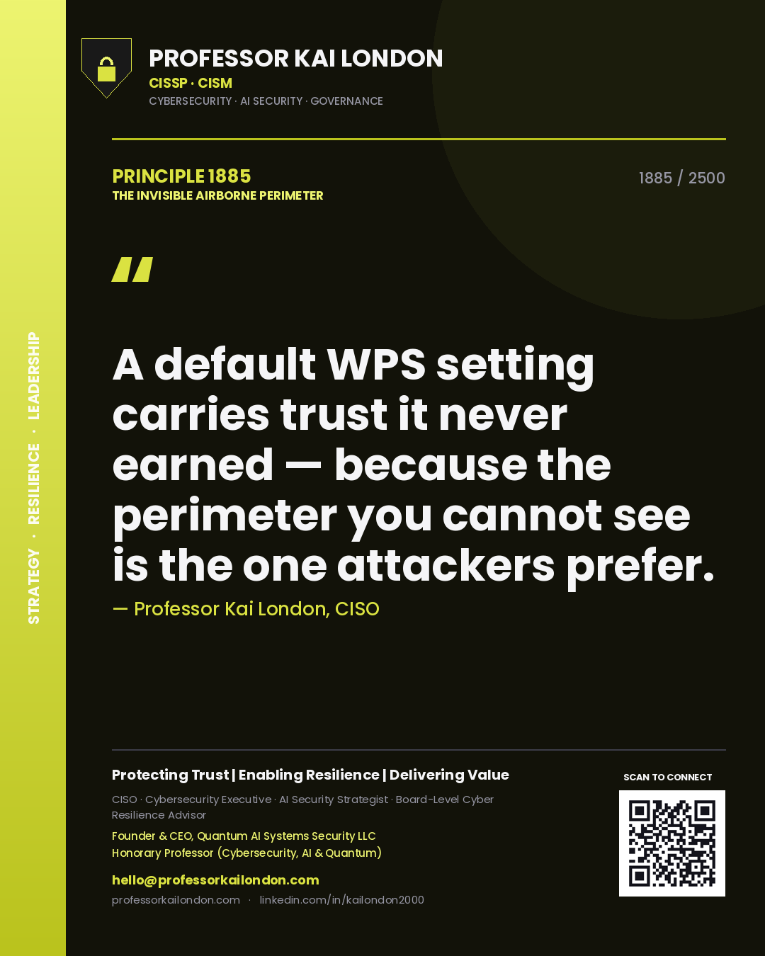 Quote card by Professor Kai London reading 'A default WPS setting carries trust it never earned — because the perimeter you cannot see is the one attackers prefer.'. From the book The Invisible Airborne Perimeter.