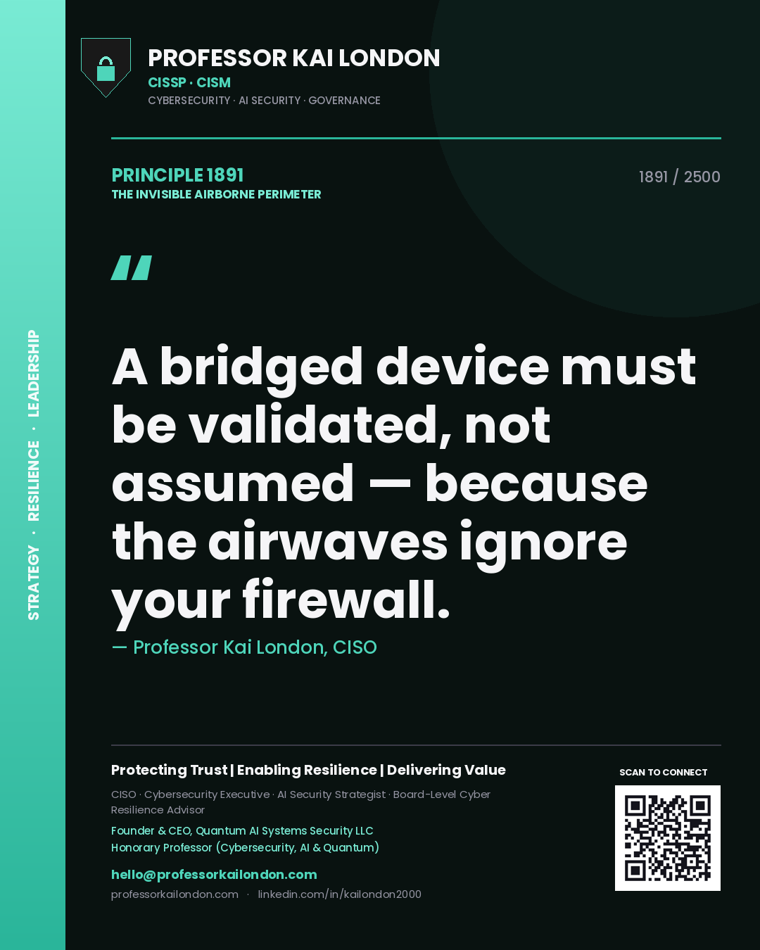 Quote card by Professor Kai London reading 'A bridged device must be validated, not assumed — because the airwaves ignore your firewall.'. From the book The Invisible Airborne Perimeter.