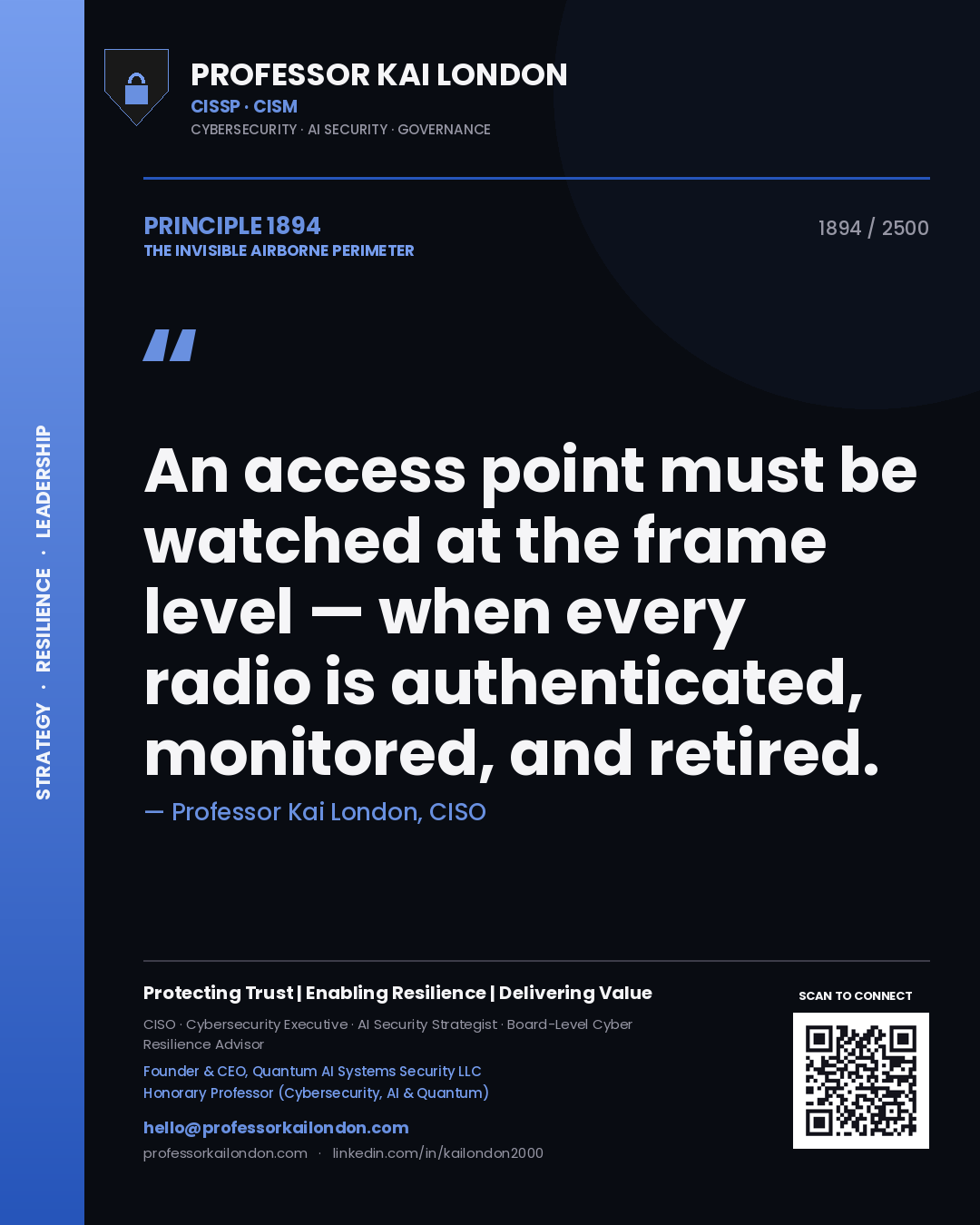 Quote card by Professor Kai London reading 'An access point must be watched at the frame level — when every radio is authenticated, monitored, and retired.'. From the book The Invisible Airborne Perimeter.