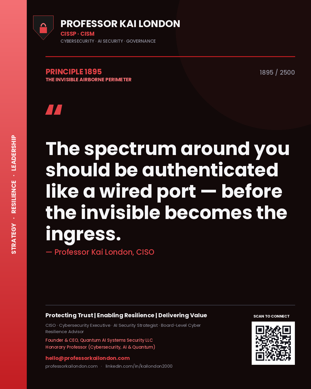 Quote card by Professor Kai London reading 'The spectrum around you should be authenticated like a wired port — before the invisible becomes the ingress.'. From the book The Invisible Airborne Perimeter.