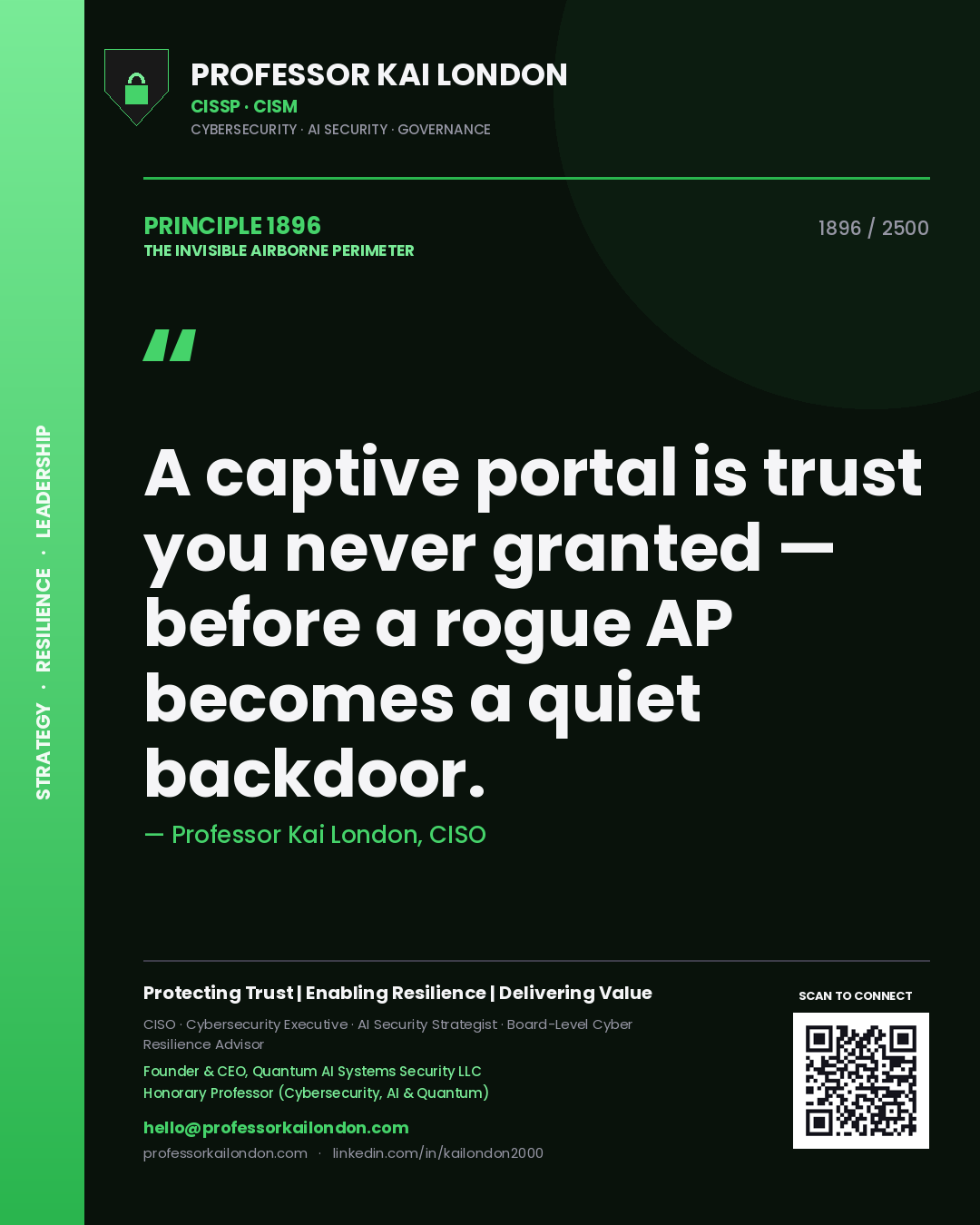 Quote card by Professor Kai London reading 'A captive portal is trust you never granted — before a rogue AP becomes a quiet backdoor.'. From the book The Invisible Airborne Perimeter.