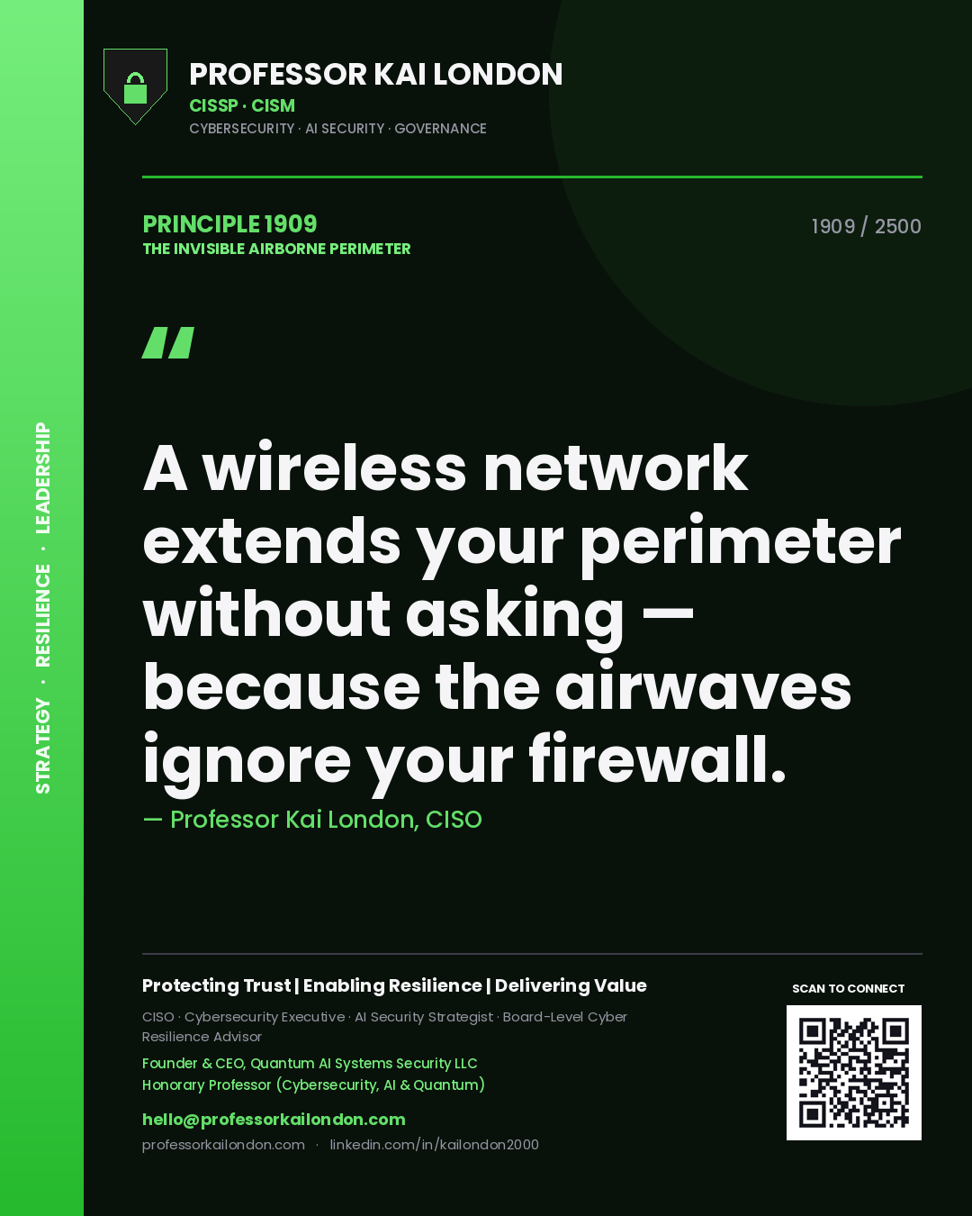 Professor Kai London principle 1909: A wireless network extends your perimeter without asking — because the airwaves ignore your firewall.