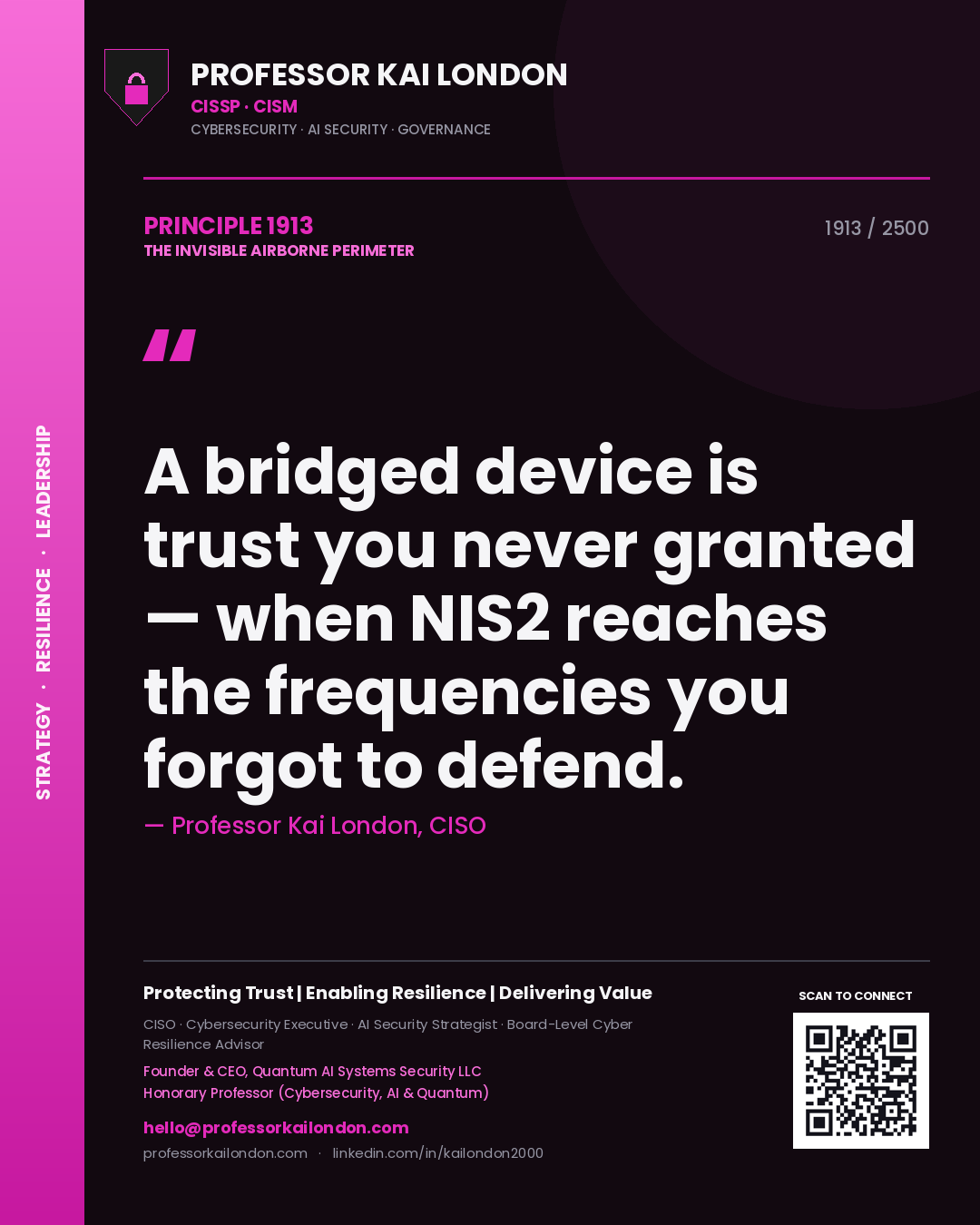Professor Kai London principle 1913: A bridged device is trust you never granted — when NIS2 reaches the frequencies you forgot to defend.