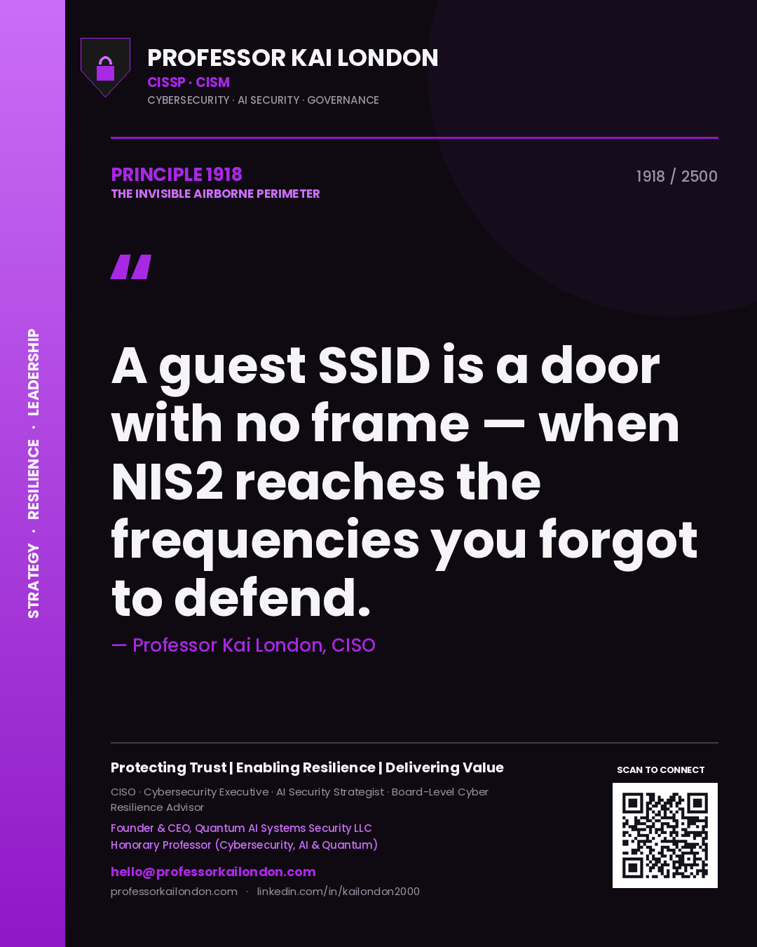 Professor Kai London principle 1918: A guest SSID is a door with no frame — when NIS2 reaches the frequencies you forgot to defend.