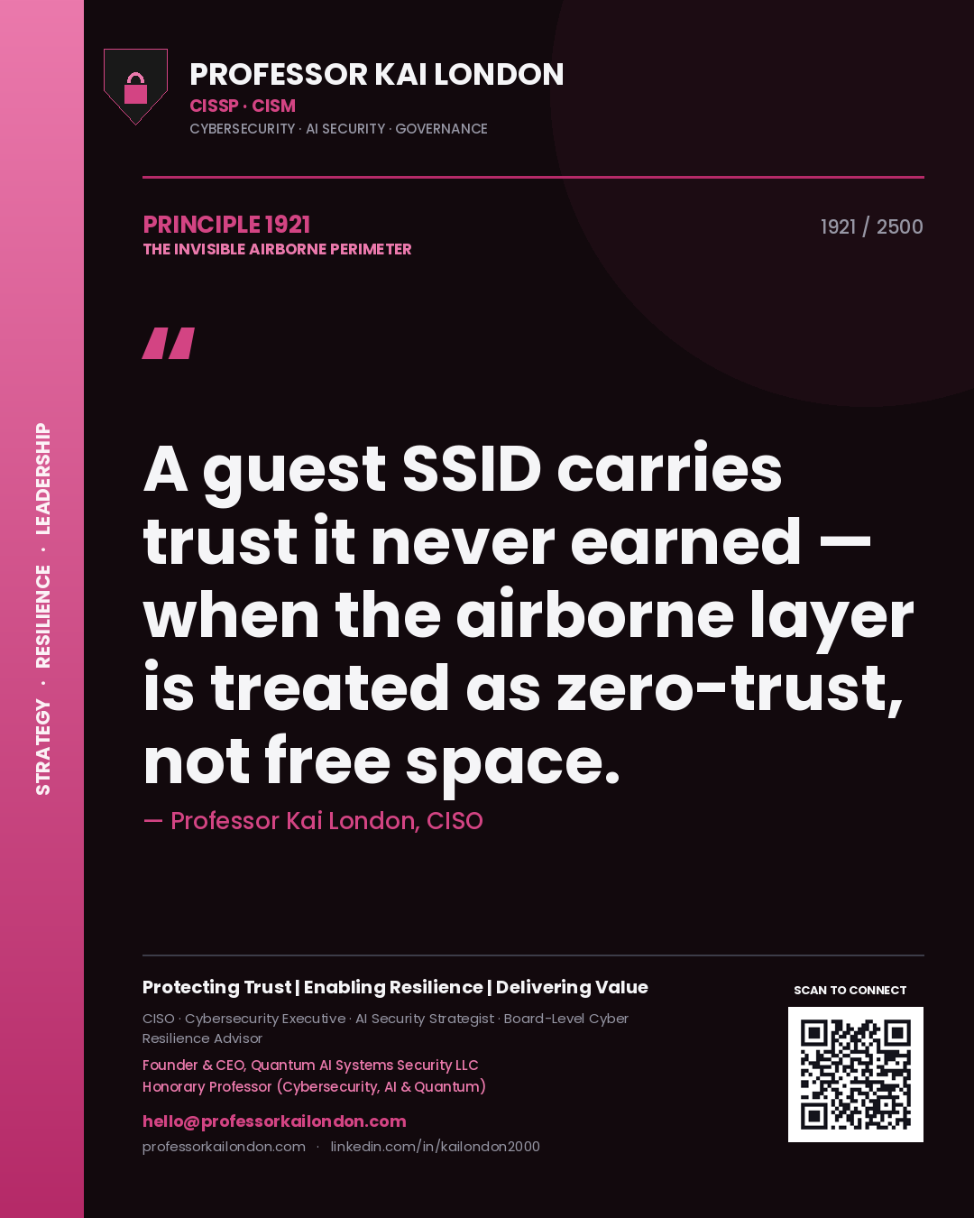 Professor Kai London principle 1921: A guest SSID carries trust it never earned — when the airborne layer is treated as zero-trust, not free space.