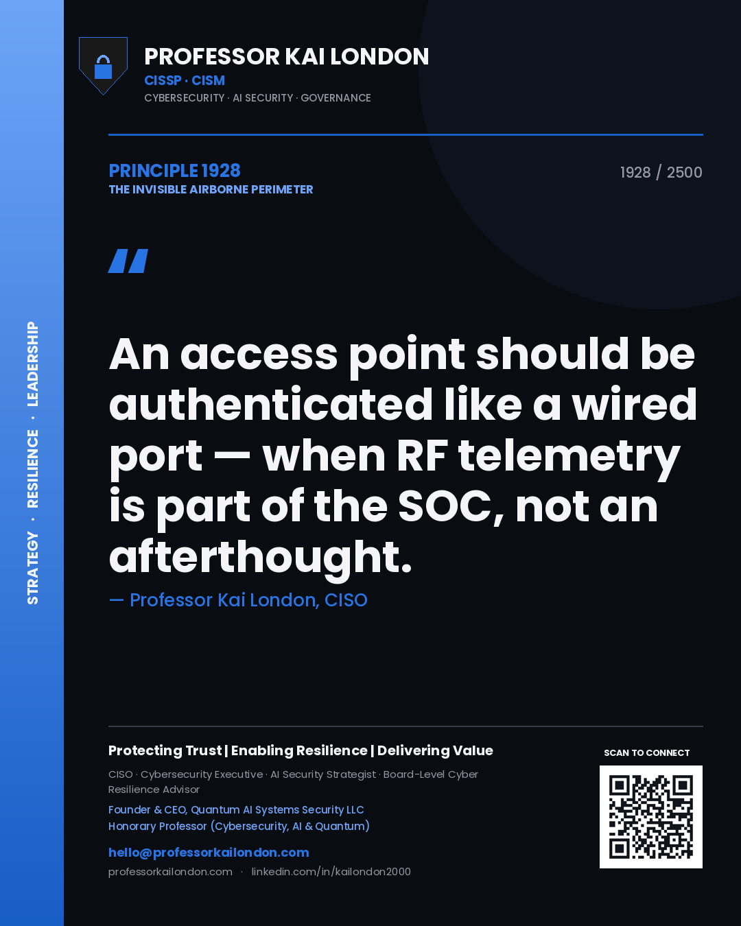Quote card by Professor Kai London reading 'An access point should be authenticated like a wired port — when RF telemetry is part of the SOC, not an afterthought.'. From the book The Invisible Airborne Perimeter.