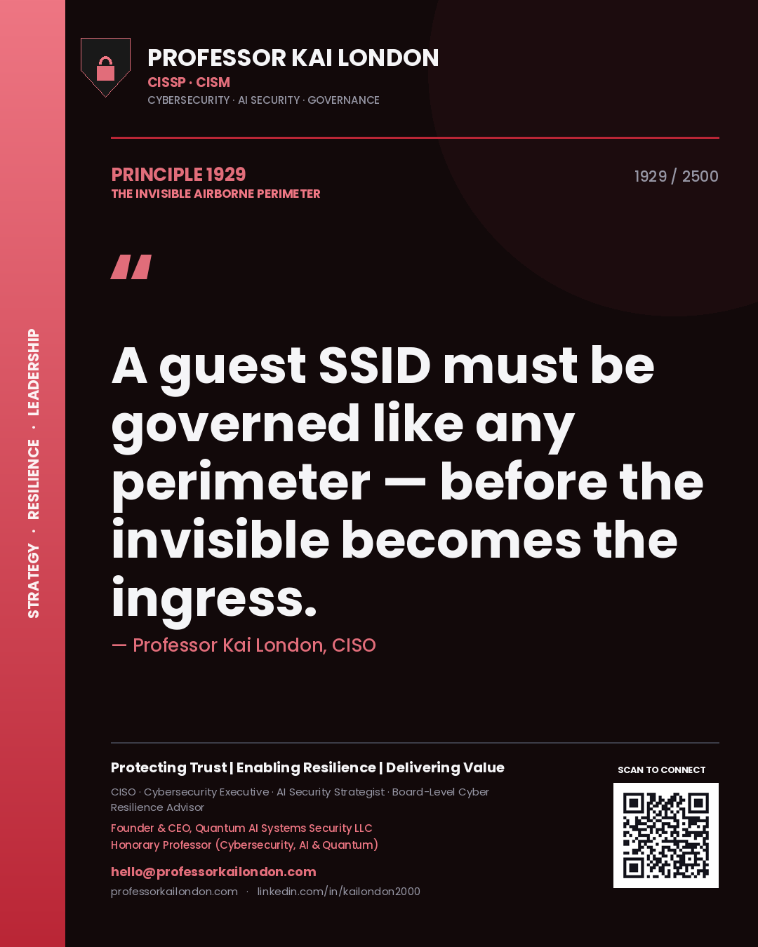 Quote card by Professor Kai London reading 'A guest SSID must be governed like any perimeter — before the invisible becomes the ingress.'. From the book The Invisible Airborne Perimeter.