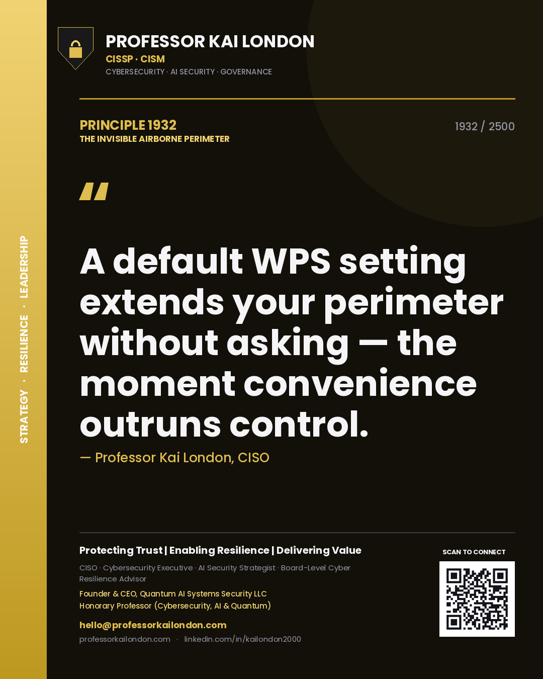 Professor Kai London principle 1932: A default WPS setting extends your perimeter without asking — the moment convenience outruns control.