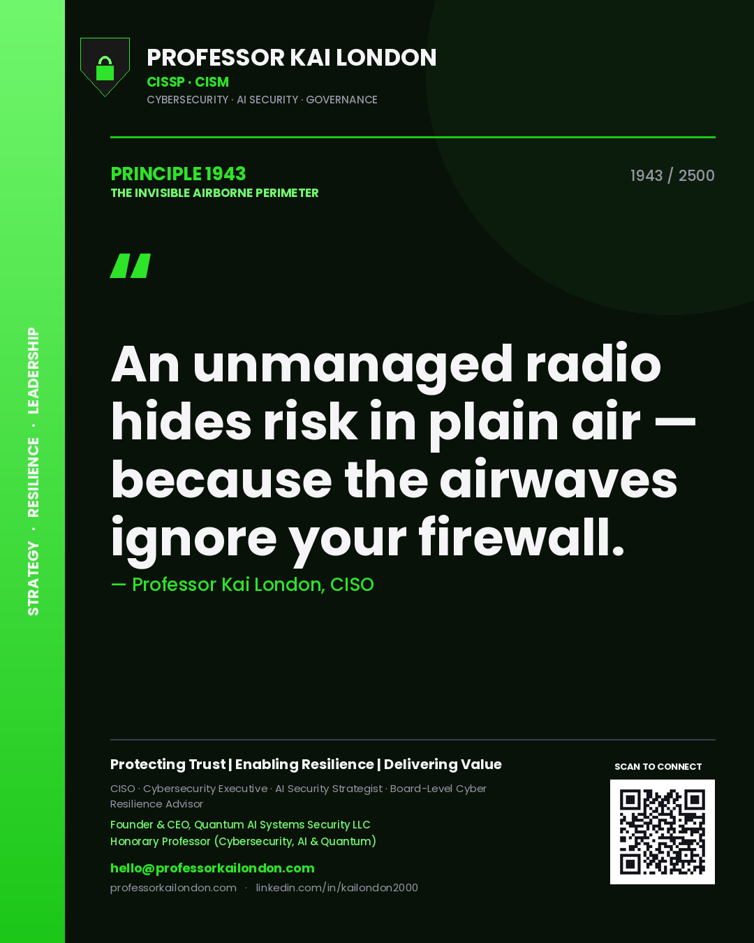 Professor Kai London principle 1943: An unmanaged radio hides risk in plain air — because the airwaves ignore your firewall.