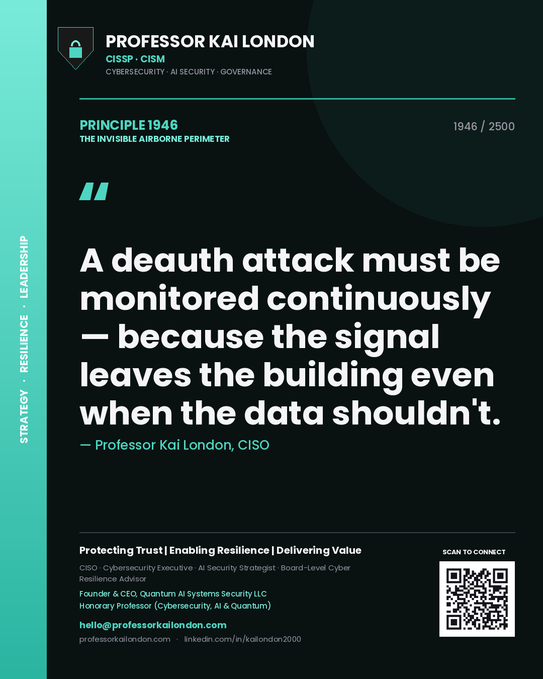Quote card by Professor Kai London reading 'A deauth attack must be monitored continuously — because the signal leaves the building even when the data shouldn't.'. From the book The Invisible Airborne Perimeter.