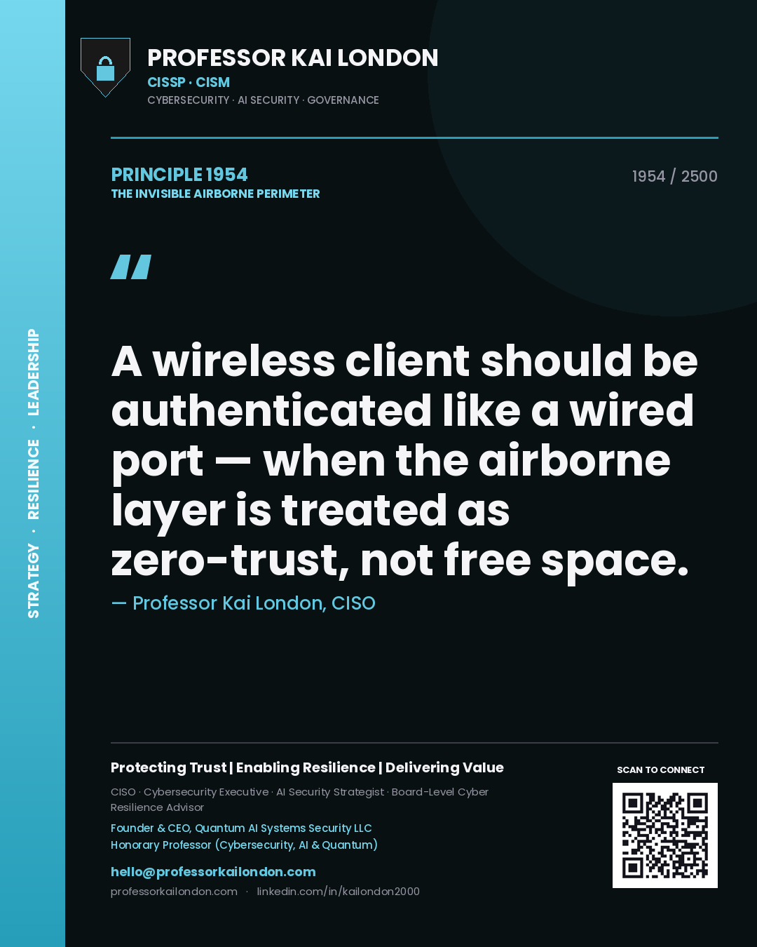 Quote card by Professor Kai London reading 'A wireless client should be authenticated like a wired port — when the airborne layer is treated as zero-trust, not free space.'. From the book The Invisible Airborne Perimeter.