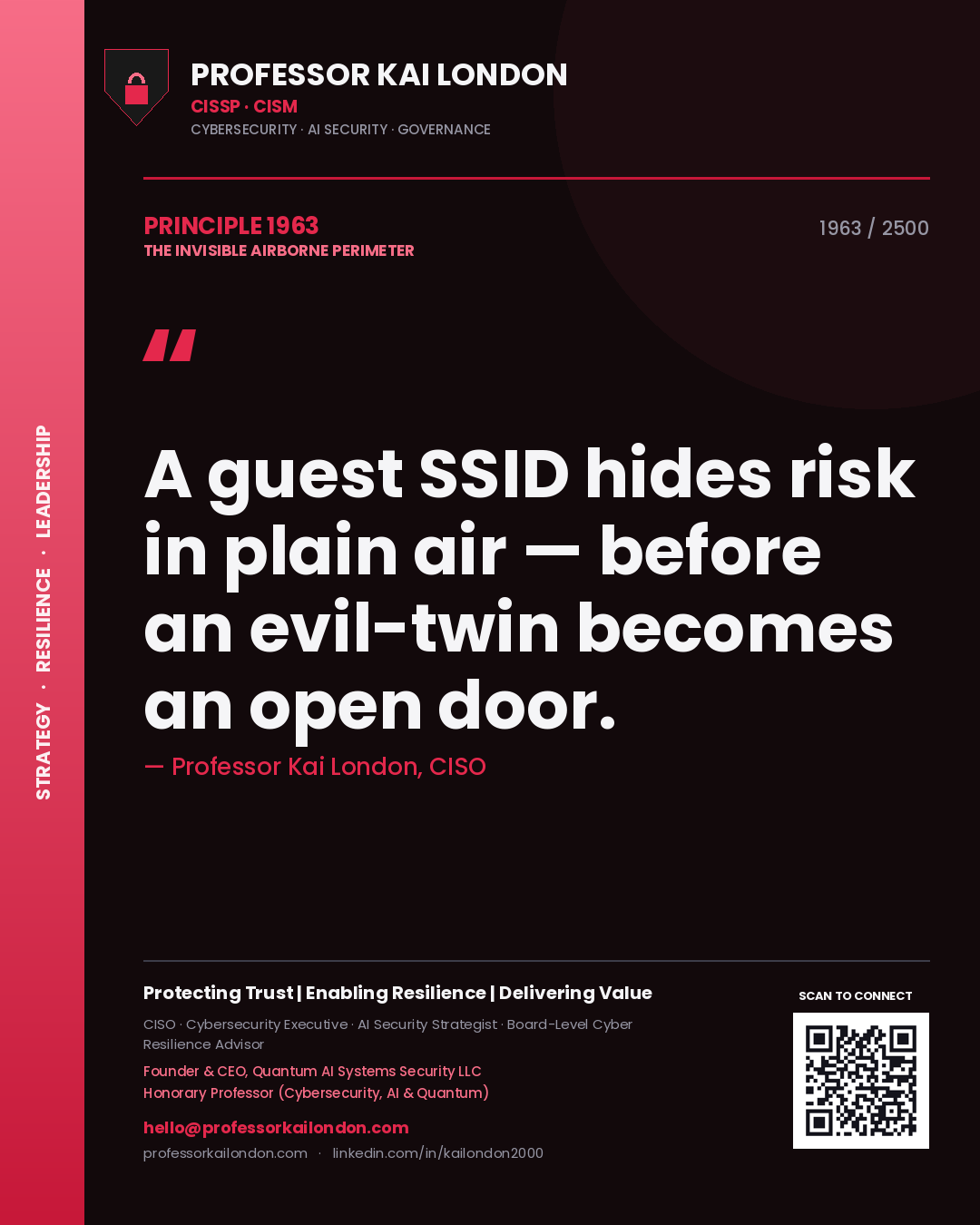 Professor Kai London principle 1963: A guest SSID hides risk in plain air — before an evil-twin becomes an open door.