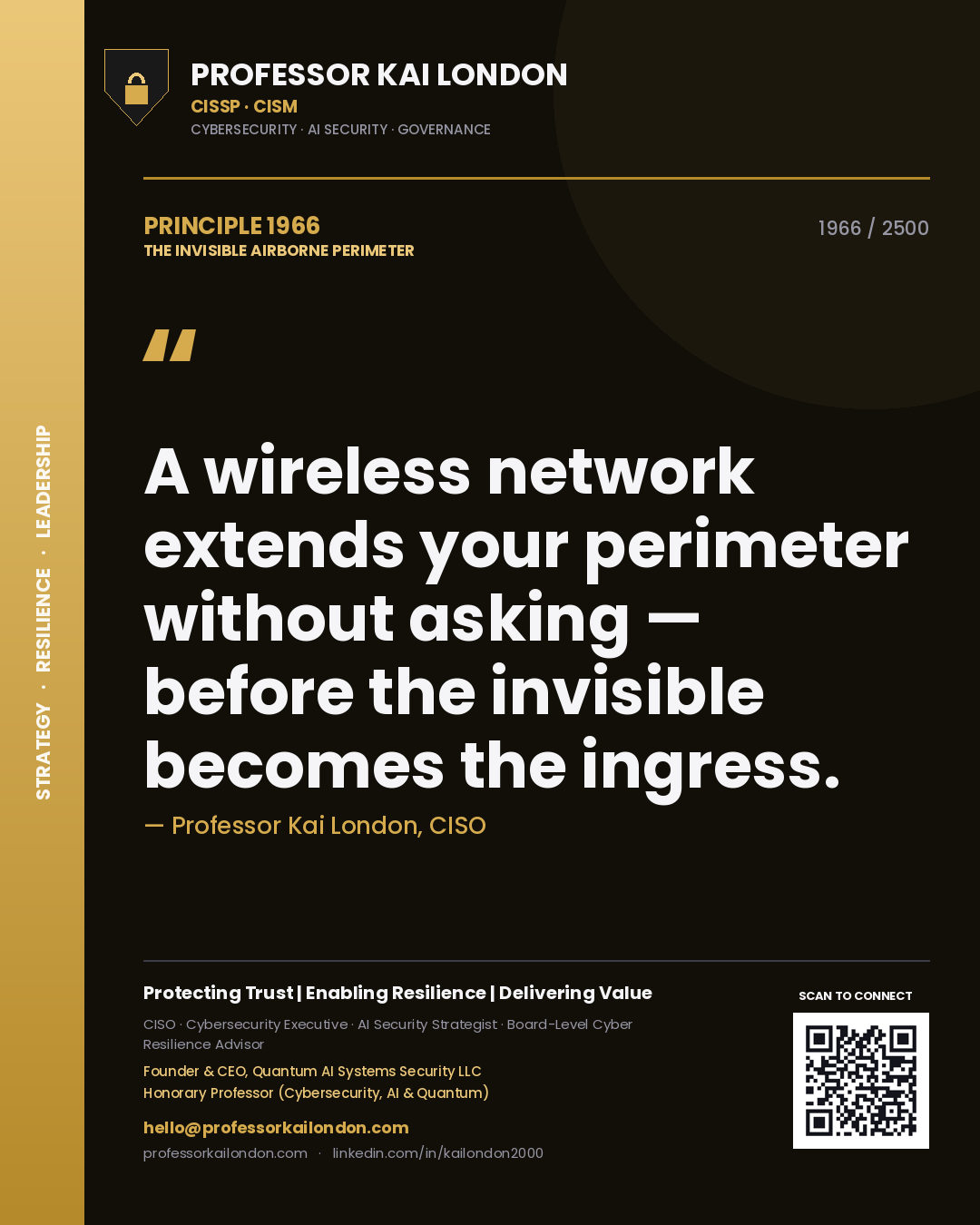 Quote card by Professor Kai London reading 'A wireless network extends your perimeter without asking — before the invisible becomes the ingress.'. From the book The Invisible Airborne Perimeter.