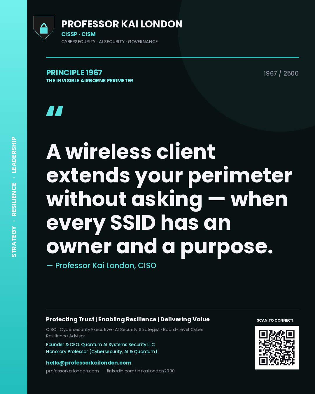 Quote card by Professor Kai London reading 'A wireless client extends your perimeter without asking — when every SSID has an owner and a purpose.'. From the book The Invisible Airborne Perimeter.