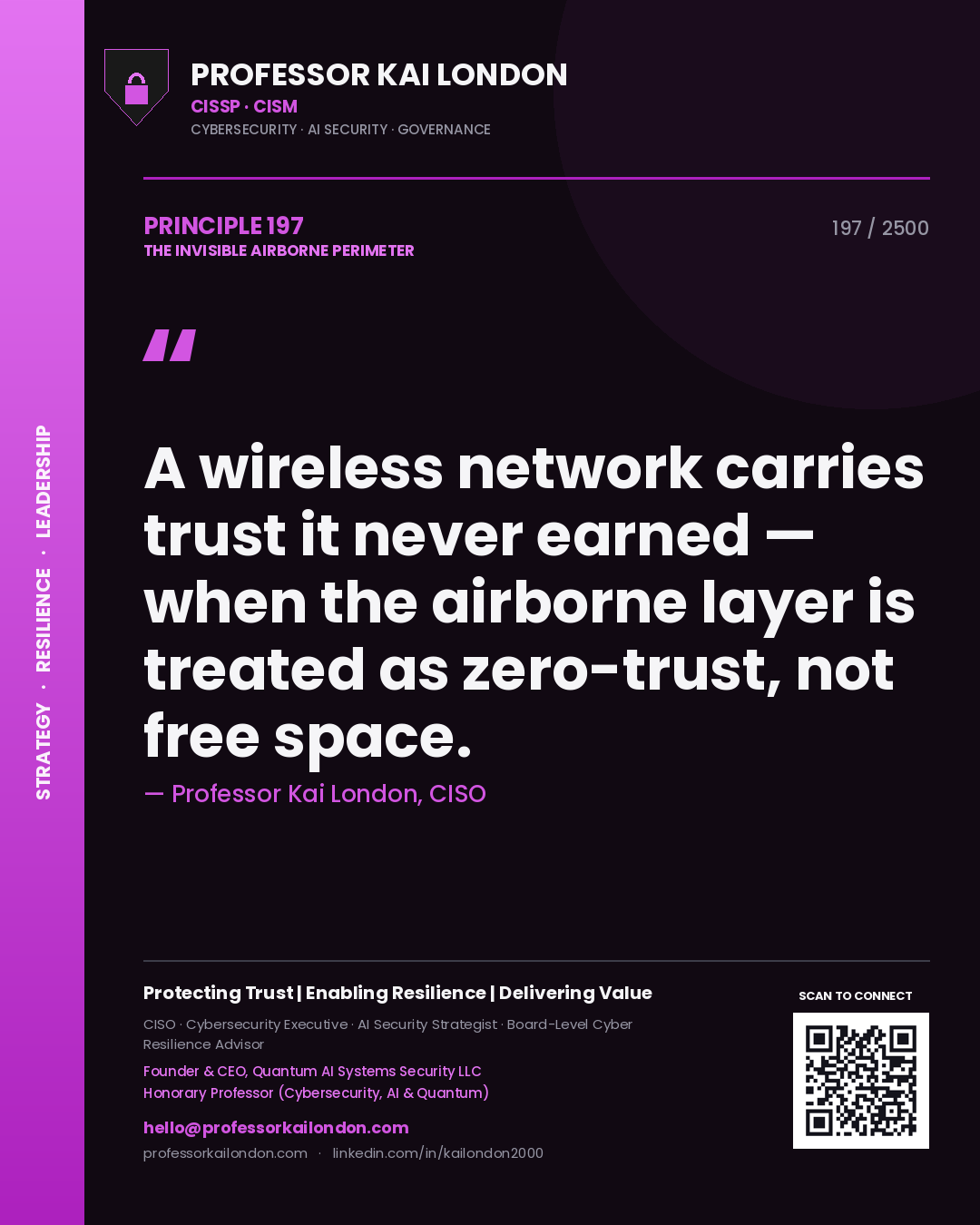 Professor Kai London principle 197: A wireless network carries trust it never earned — when the airborne layer is treated as zero-trust, not free space.