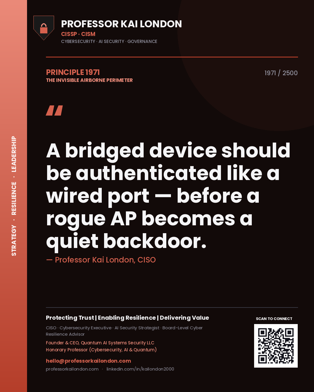 Quote card by Professor Kai London reading 'A bridged device should be authenticated like a wired port — before a rogue AP becomes a quiet backdoor.'. From the book The Invisible Airborne Perimeter.