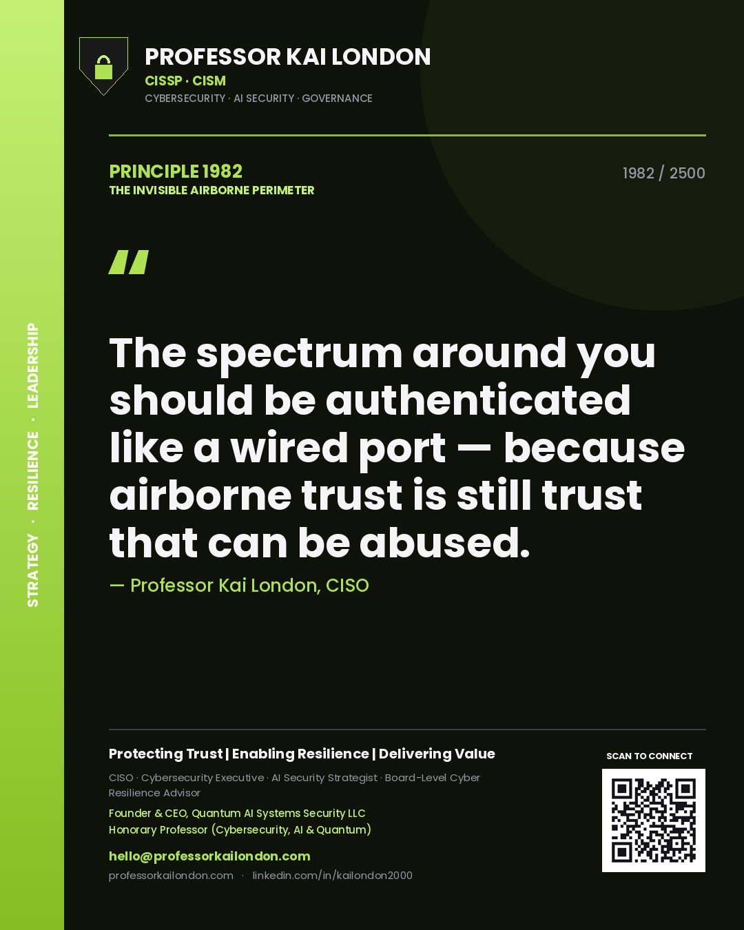 Professor Kai London principle 1982: The spectrum around you should be authenticated like a wired port — because airborne trust is still trust that can be abused.