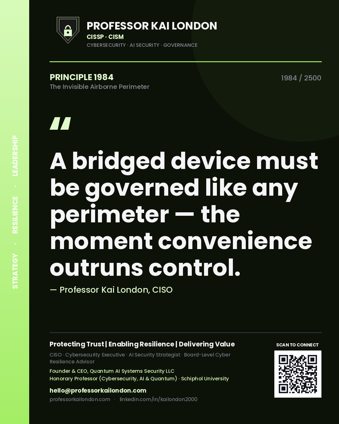 Professor Kai London principle 1984: A bridged device must be governed like any perimeter — the moment convenience outruns control.