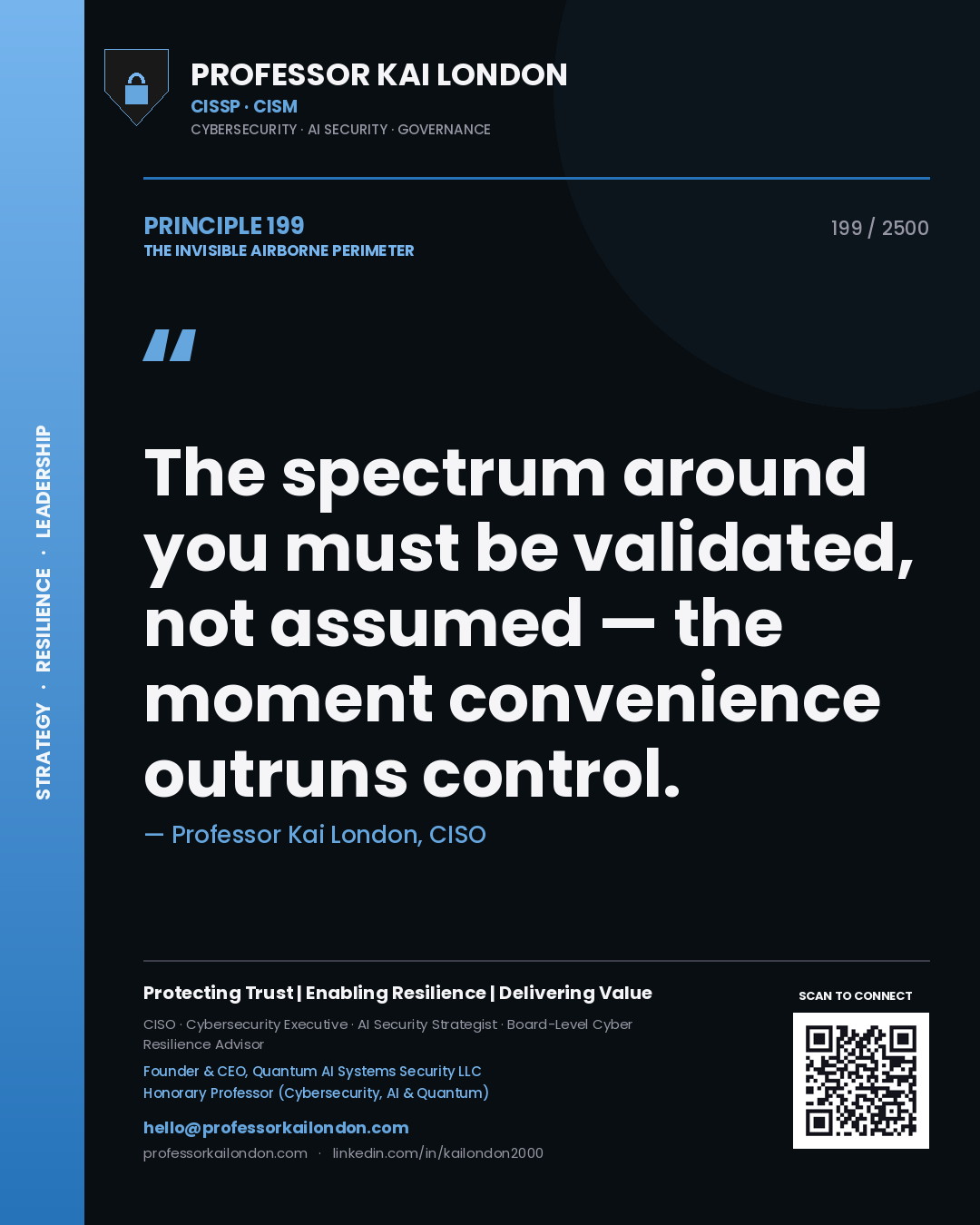 Quote card by Professor Kai London reading 'The spectrum around you must be validated, not assumed — the moment convenience outruns control.'. From the book The Invisible Airborne Perimeter.