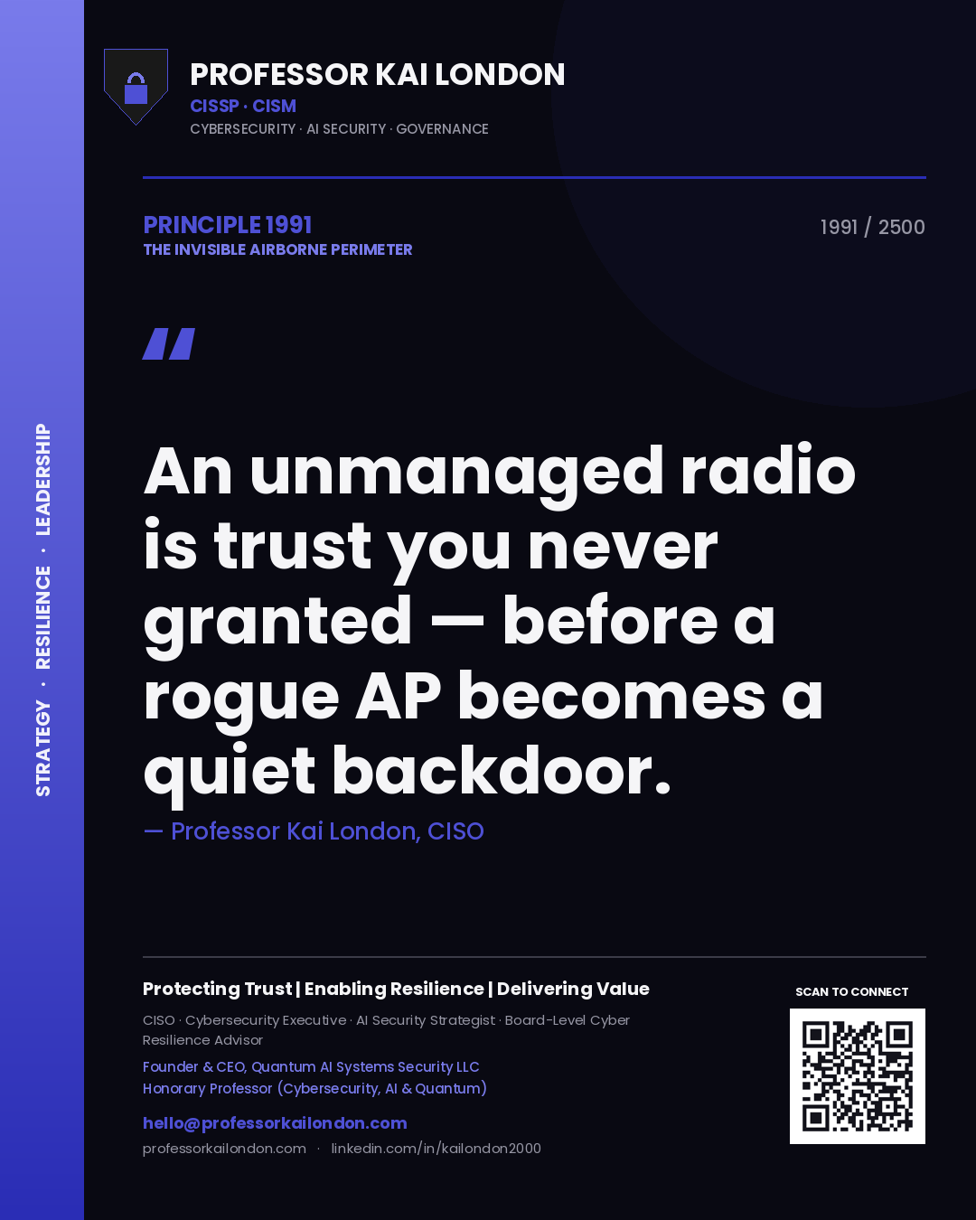 Professor Kai London principle 1991: An unmanaged radio is trust you never granted — before a rogue AP becomes a quiet backdoor.