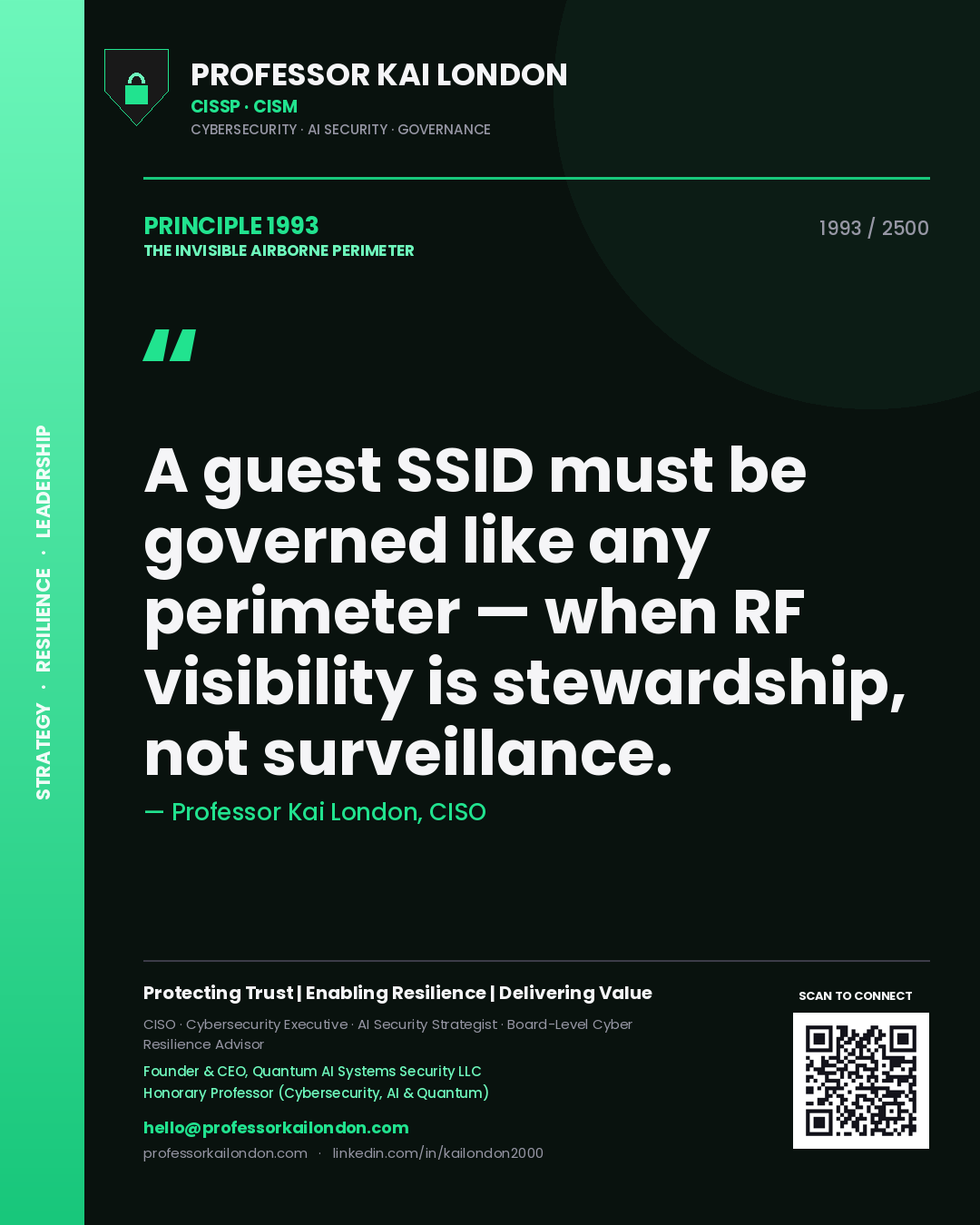 Professor Kai London principle 1993: A guest SSID must be governed like any perimeter — when RF visibility is stewardship, not surveillance.