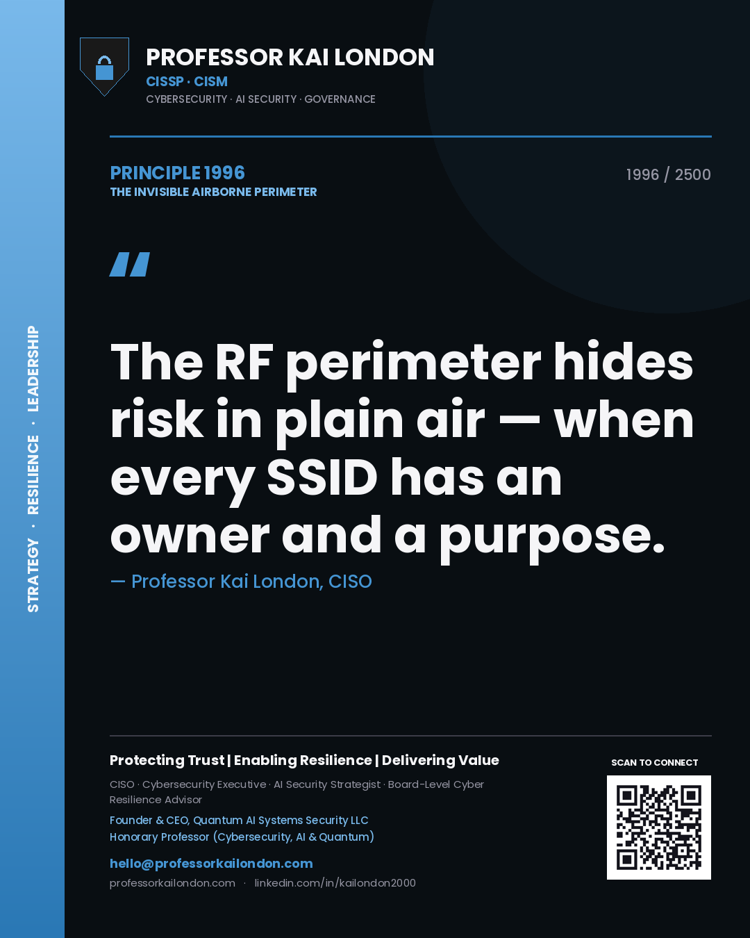 Professor Kai London principle 1996: The RF perimeter hides risk in plain air — when every SSID has an owner and a purpose.