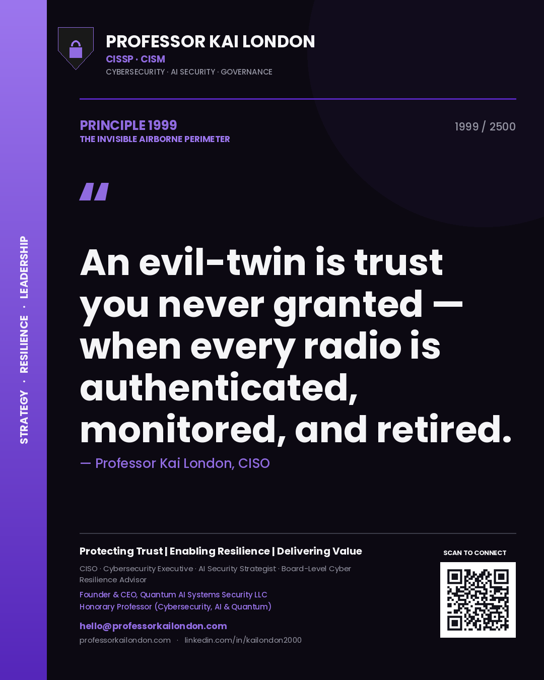 Professor Kai London principle 1999: An evil-twin is trust you never granted — when every radio is authenticated, monitored, and retired.