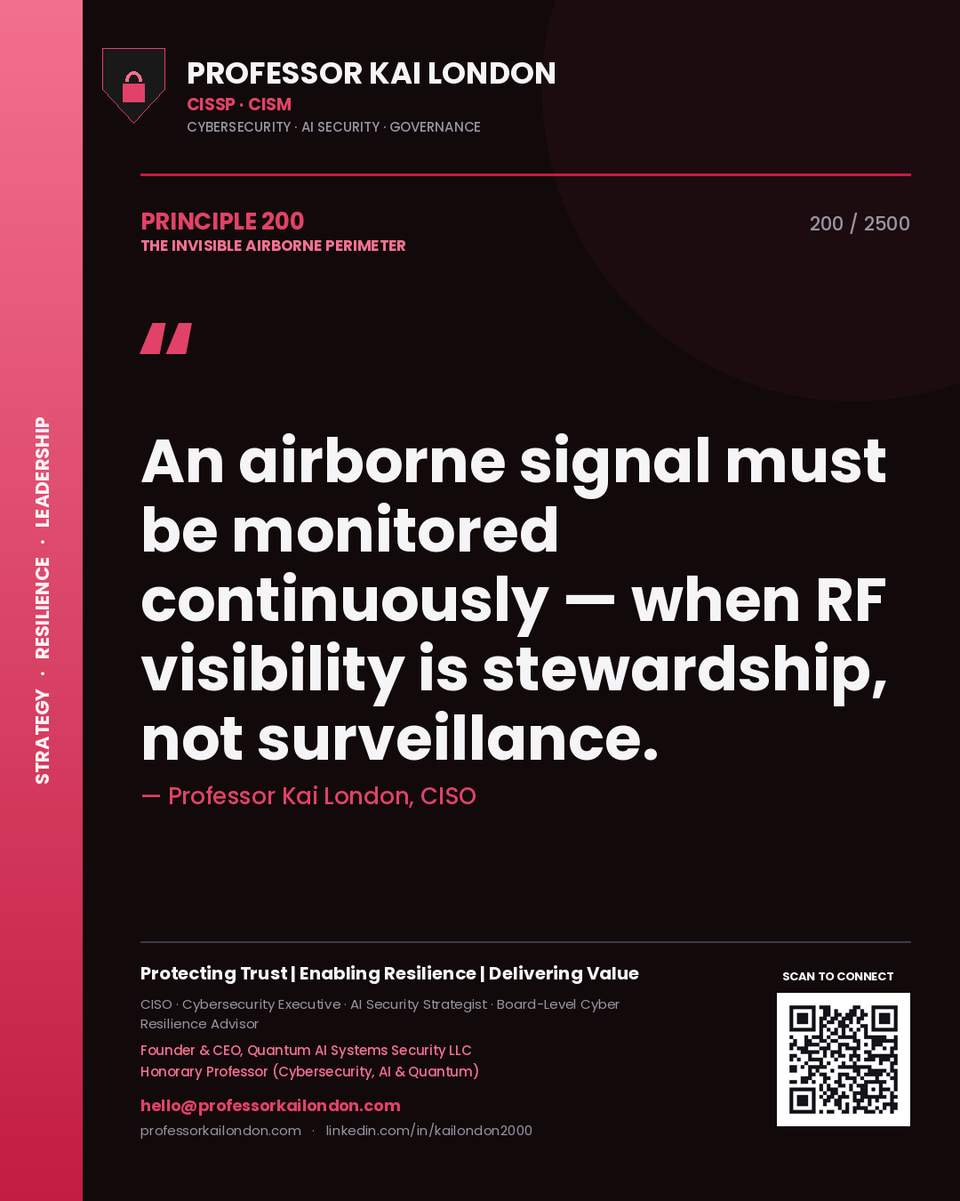Professor Kai London principle 200: An airborne signal must be monitored continuously — when RF visibility is stewardship, not surveillance.