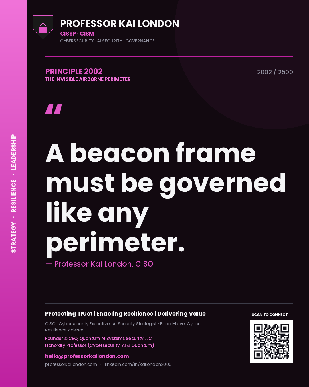 Quote card by Professor Kai London reading 'A beacon frame must be governed like any perimeter.'. From the book The Invisible Airborne Perimeter.