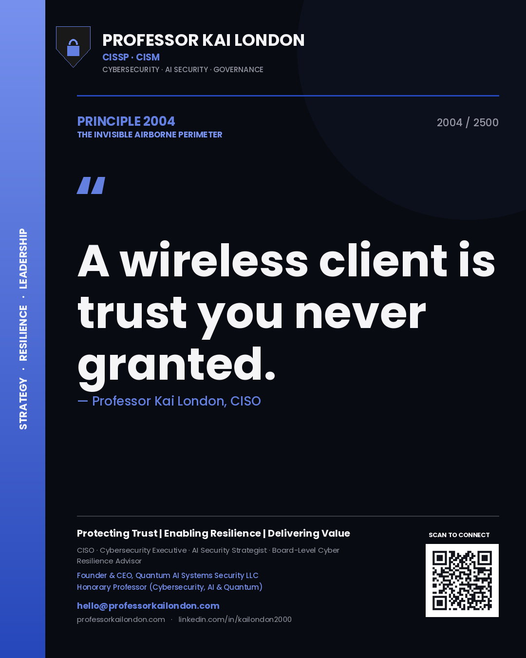 Quote card by Professor Kai London reading 'A wireless client is trust you never granted.'. From the book The Invisible Airborne Perimeter.