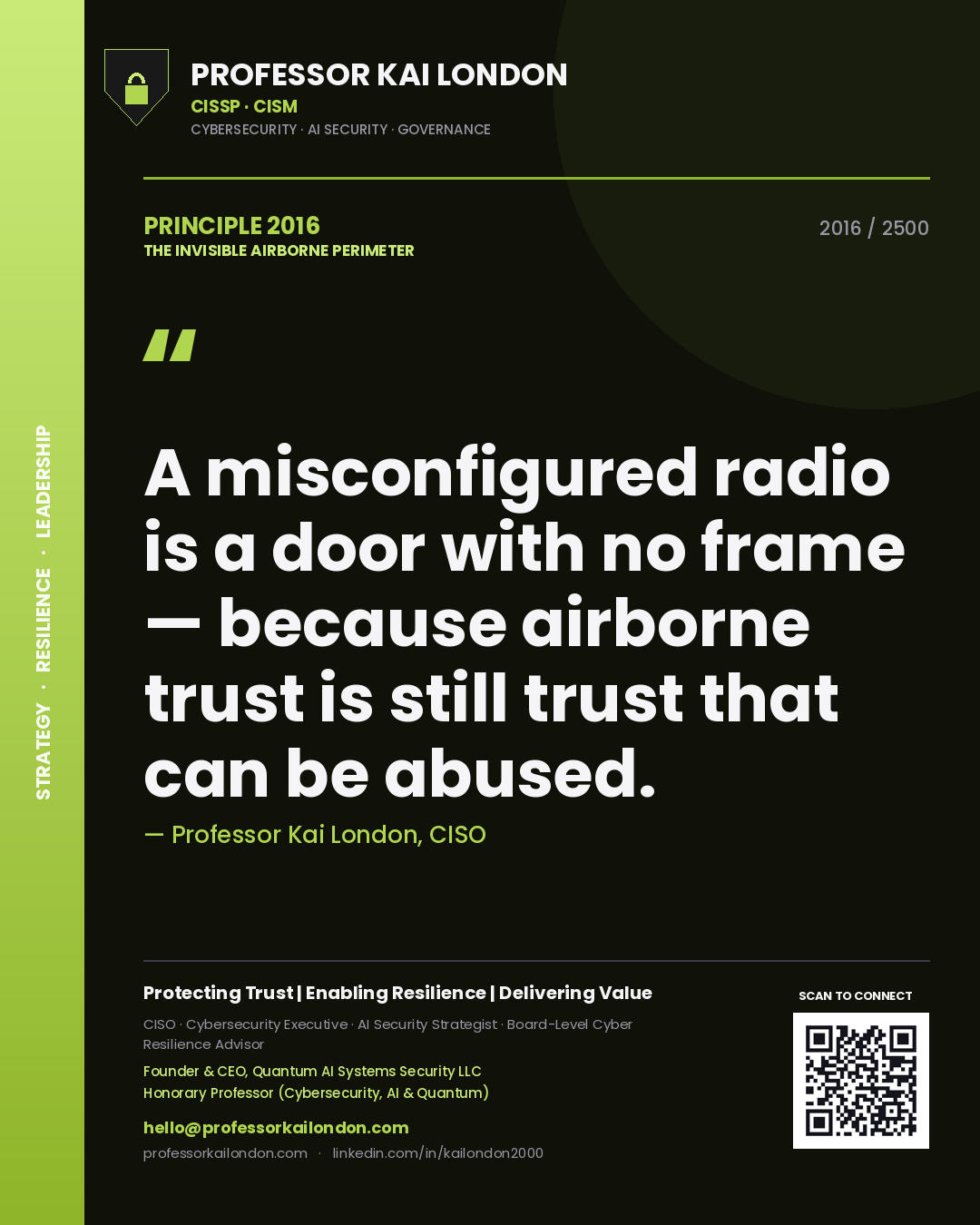 Quote card by Professor Kai London reading 'A misconfigured radio is a door with no frame — because airborne trust is still trust that can be abused.'. From the book The Invisible Airborne Perimeter.
