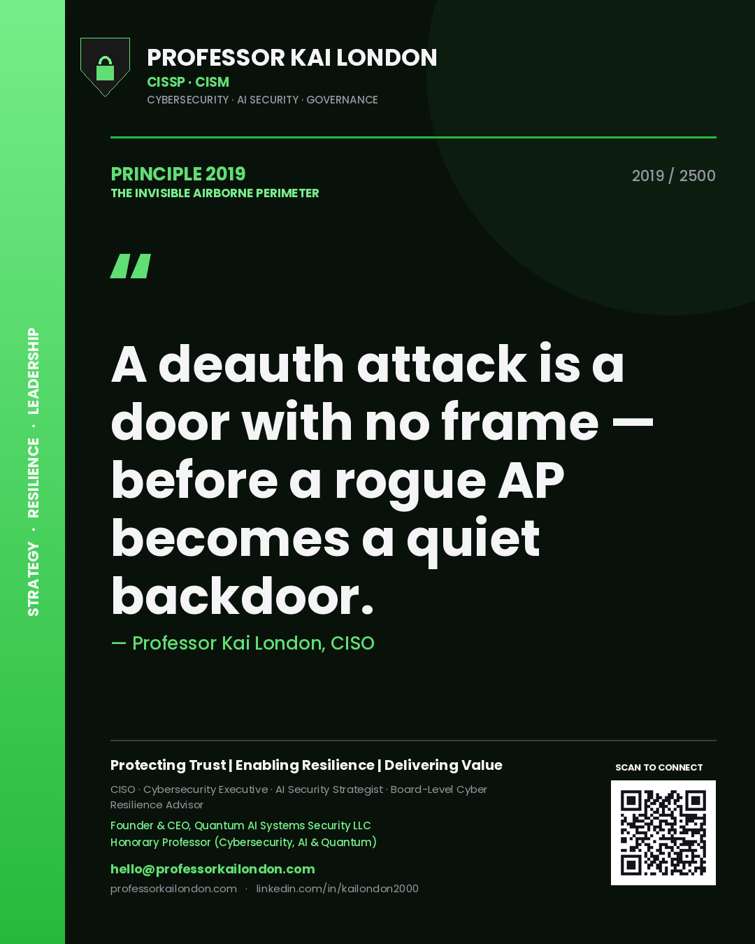 Professor Kai London principle 2019: A deauth attack is a door with no frame — before a rogue AP becomes a quiet backdoor.