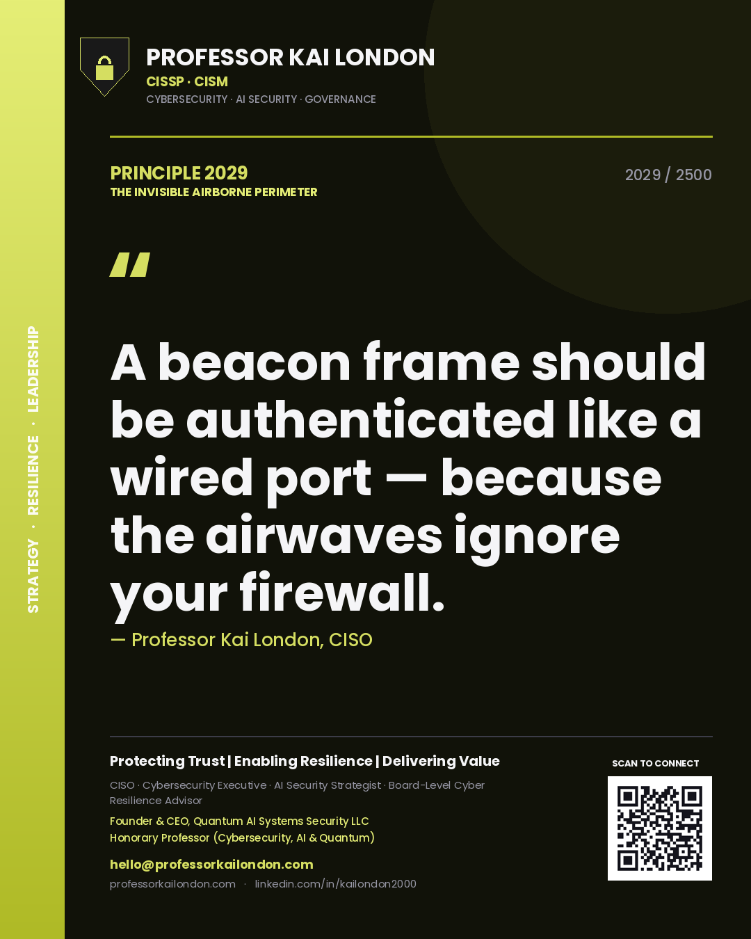 Quote card by Professor Kai London reading 'A beacon frame should be authenticated like a wired port — because the airwaves ignore your firewall.'. From the book The Invisible Airborne Perimeter.
