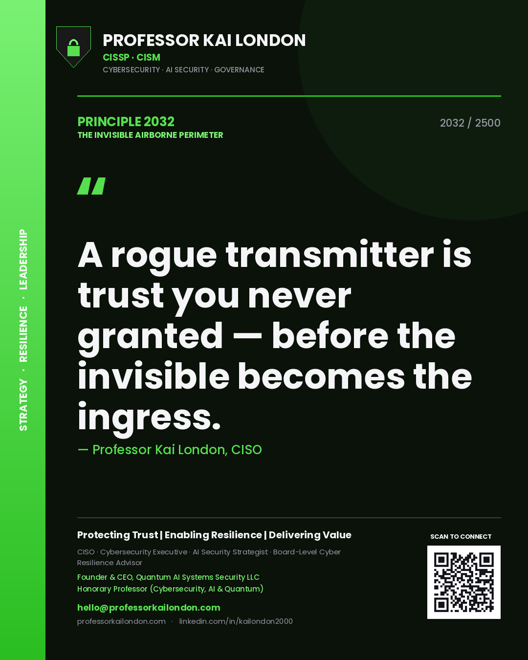 Quote card by Professor Kai London reading 'A rogue transmitter is trust you never granted — before the invisible becomes the ingress.'. From the book The Invisible Airborne Perimeter.