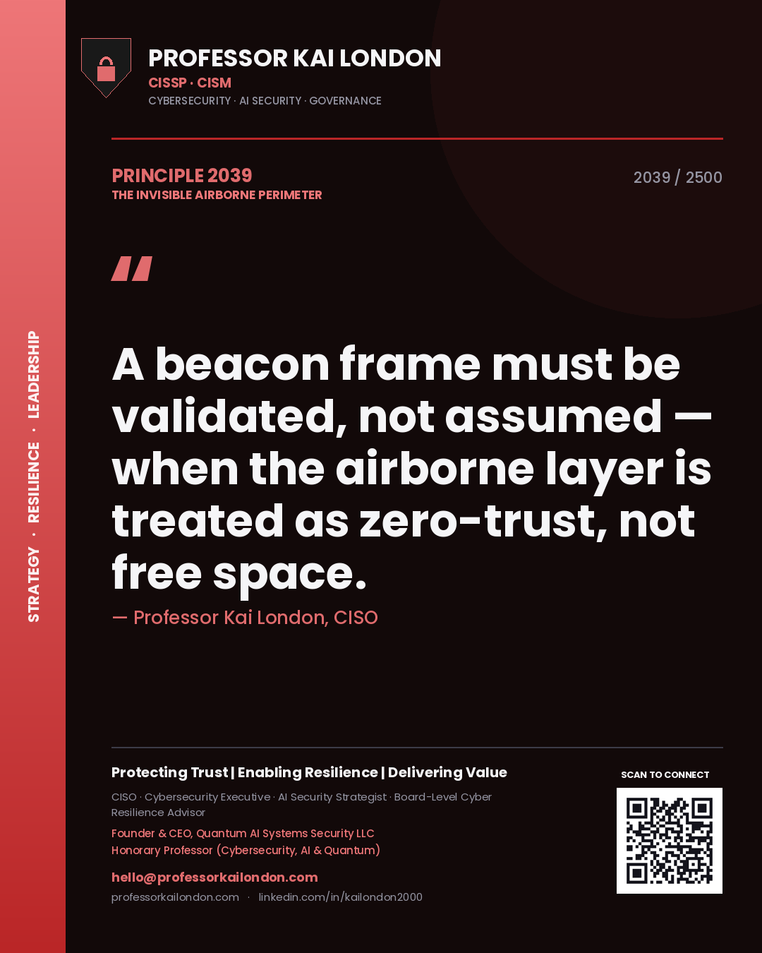 Quote card by Professor Kai London reading 'A beacon frame must be validated, not assumed — when the airborne layer is treated as zero-trust, not free space.'. From the book The Invisible Airborne Perimeter.