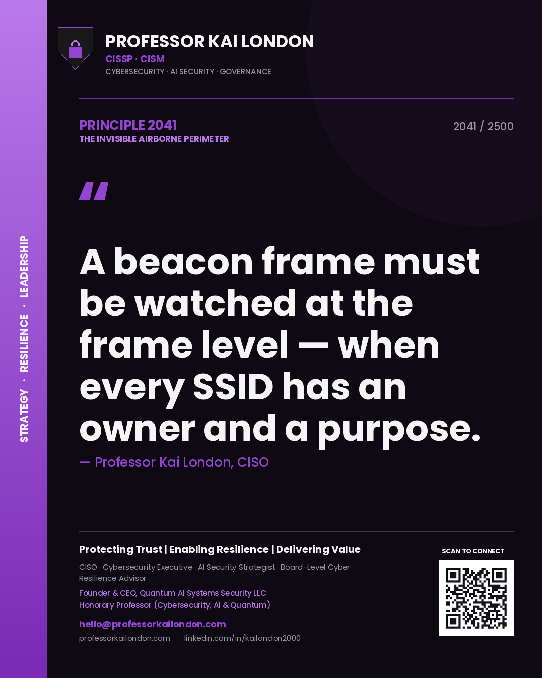 Professor Kai London principle 2041: A beacon frame must be watched at the frame level — when every SSID has an owner and a purpose.