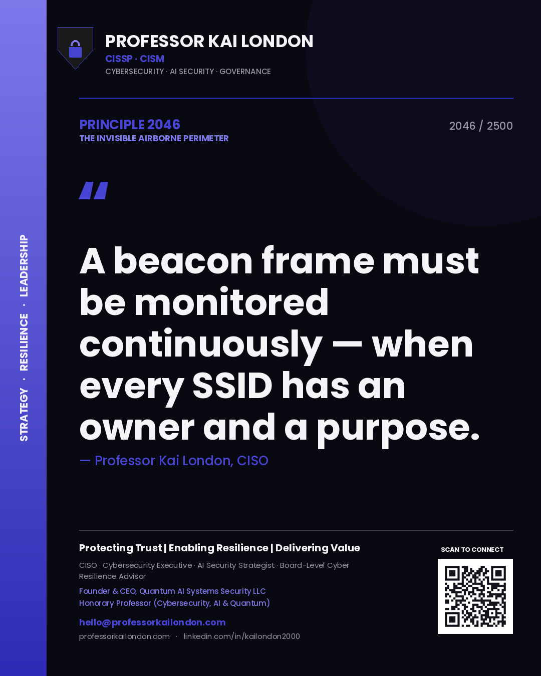 Quote card by Professor Kai London reading 'A beacon frame must be monitored continuously — when every SSID has an owner and a purpose.'. From the book The Invisible Airborne Perimeter.