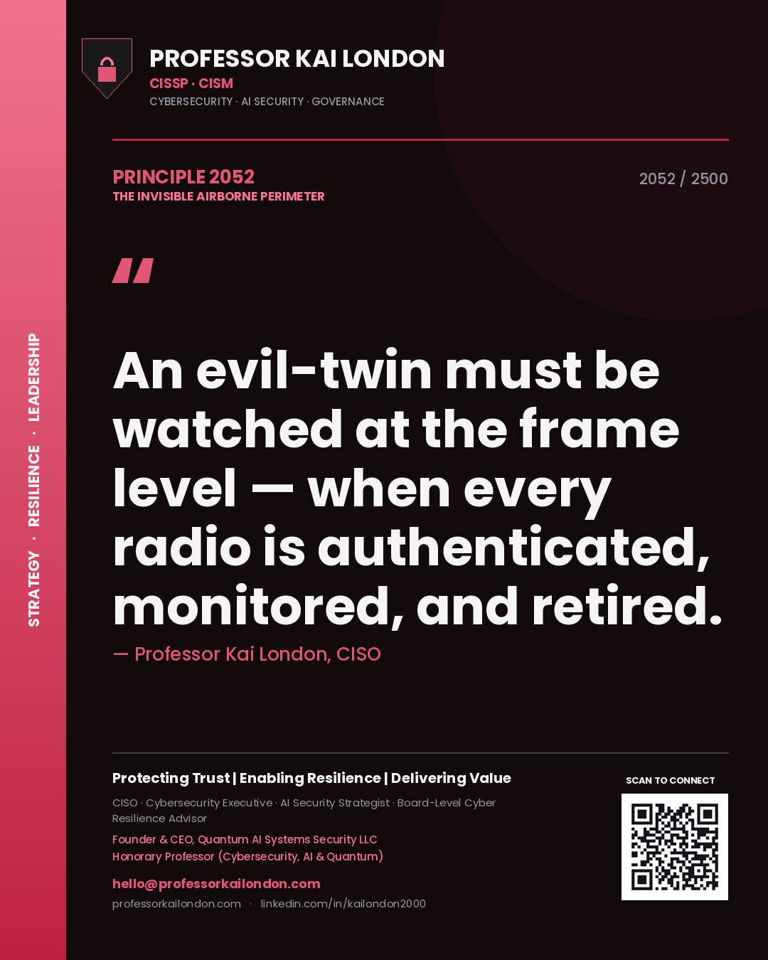Professor Kai London principle 2052: An evil-twin must be watched at the frame level — when every radio is authenticated, monitored, and retired.