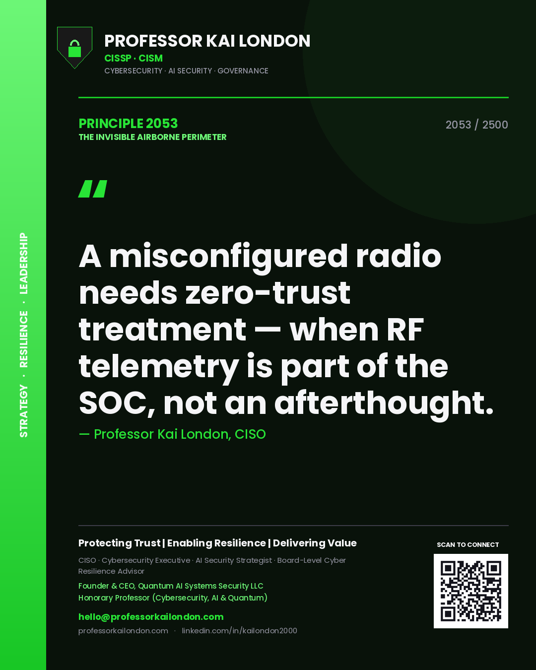 Quote card by Professor Kai London reading 'A misconfigured radio needs zero-trust treatment — when RF telemetry is part of the SOC, not an afterthought.'. From the book The Invisible Airborne Perimeter.