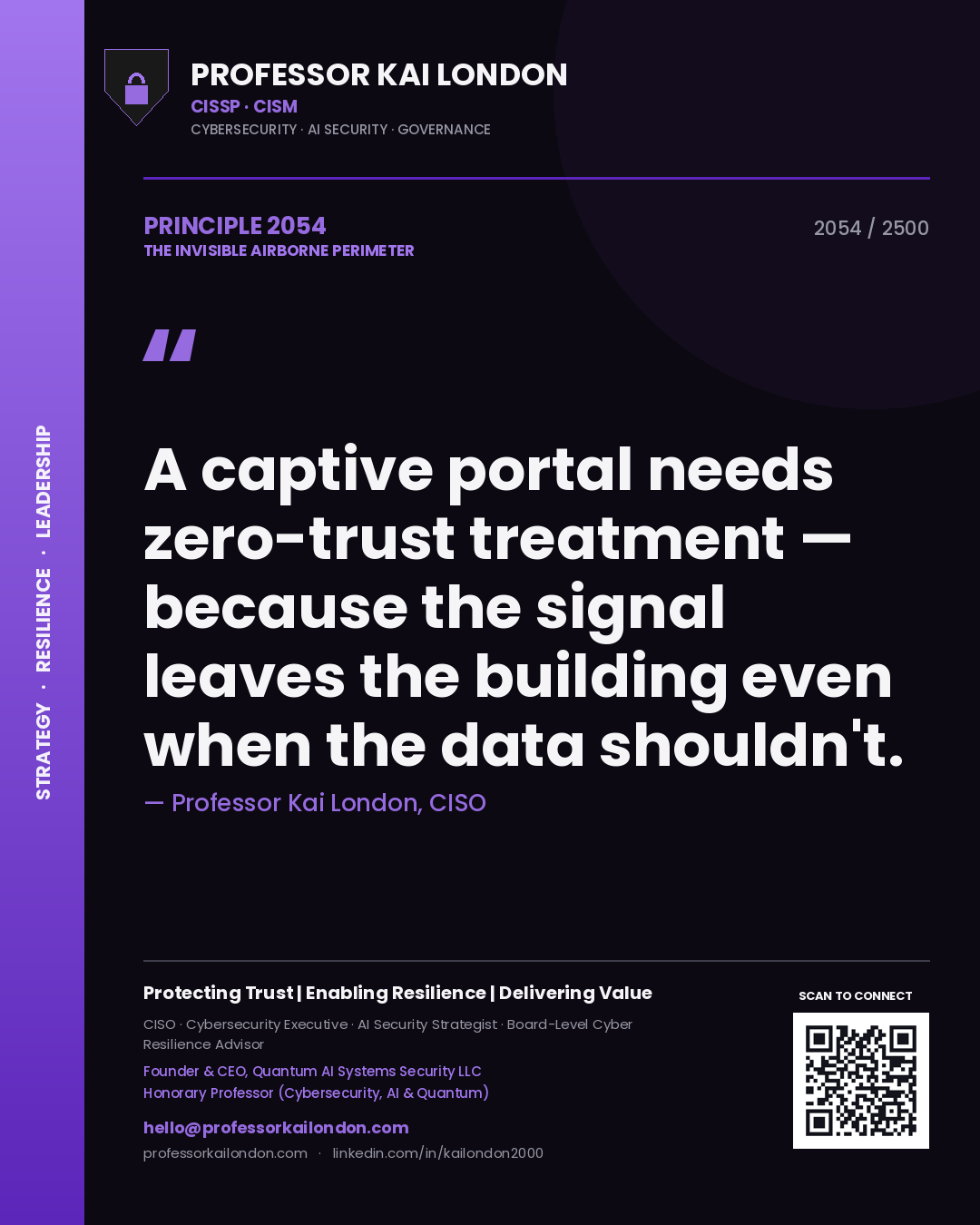 Quote card by Professor Kai London reading 'A captive portal needs zero-trust treatment — because the signal leaves the building even when the data shouldn't.'. From the book The Invisible Airborne Perimeter.