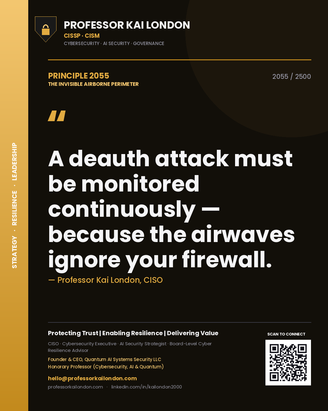 Quote card by Professor Kai London reading 'A deauth attack must be monitored continuously — because the airwaves ignore your firewall.'. From the book The Invisible Airborne Perimeter.