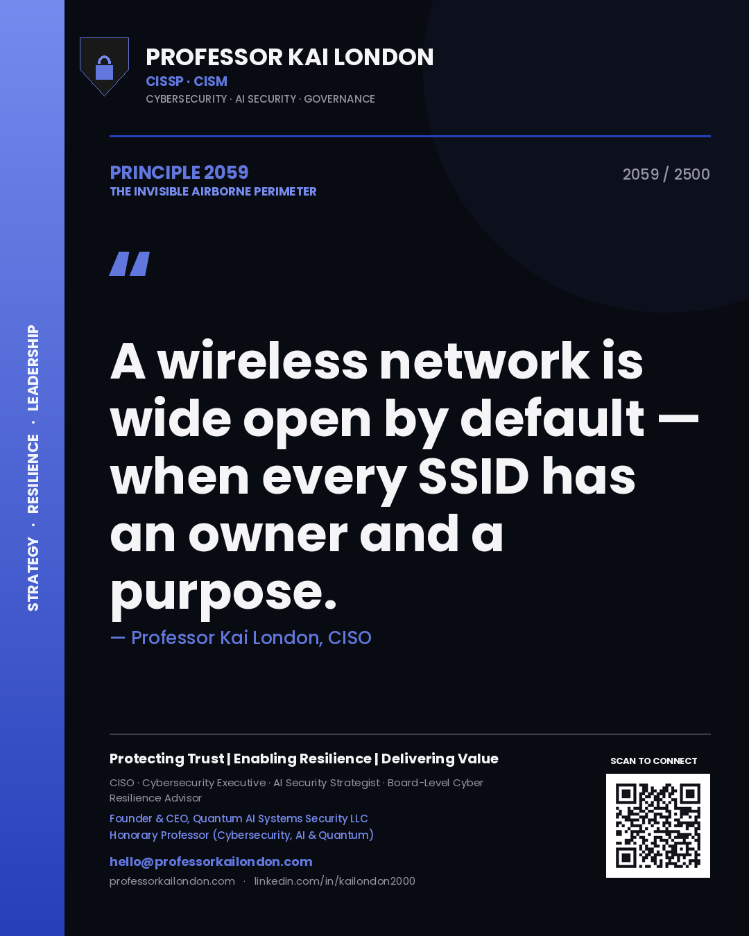 Professor Kai London principle 2059: A wireless network is wide open by default — when every SSID has an owner and a purpose.