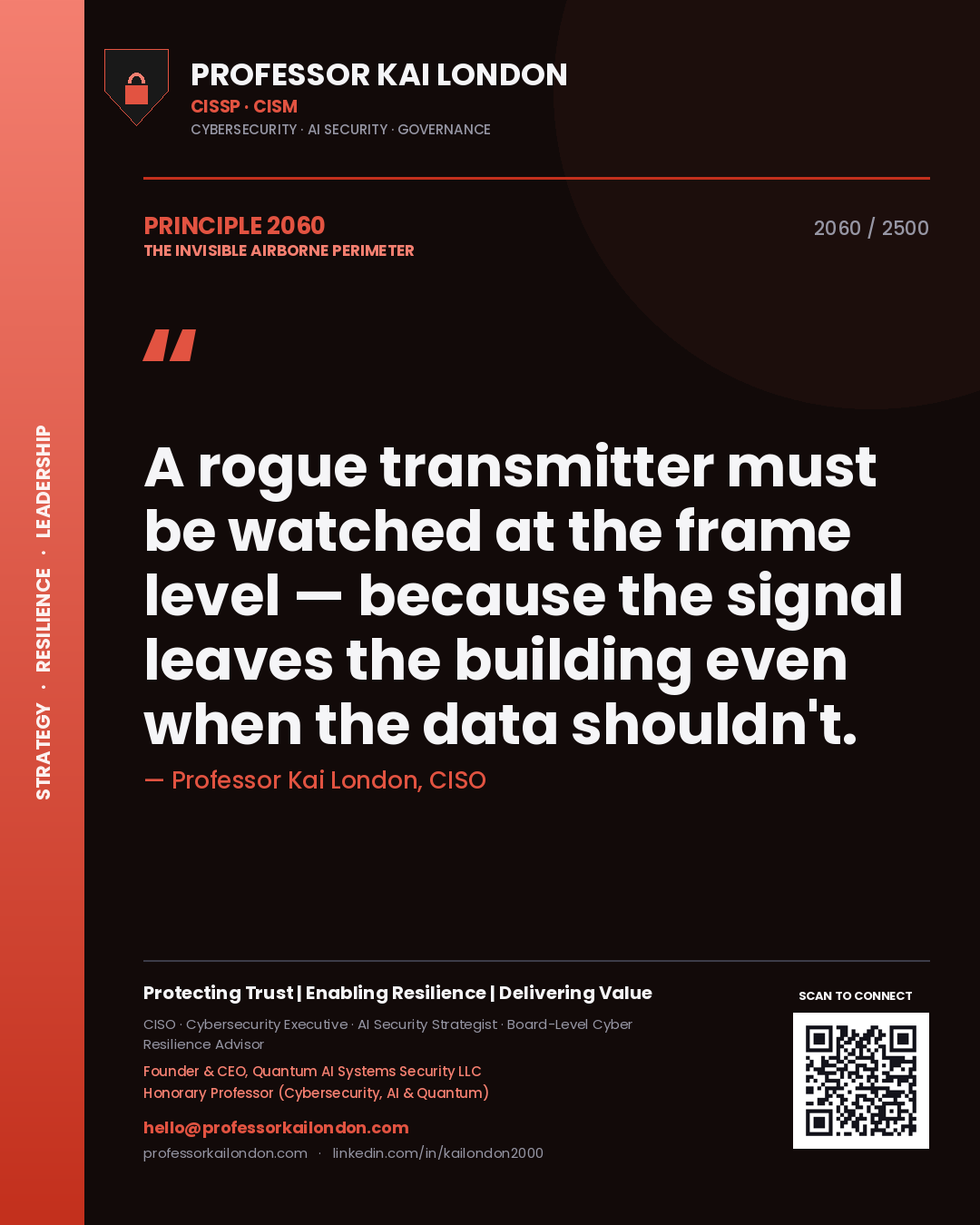 Quote card by Professor Kai London reading 'A rogue transmitter must be watched at the frame level — because the signal leaves the building even when the data shouldn't.'. From the book The Invisible Airborne Perimeter.