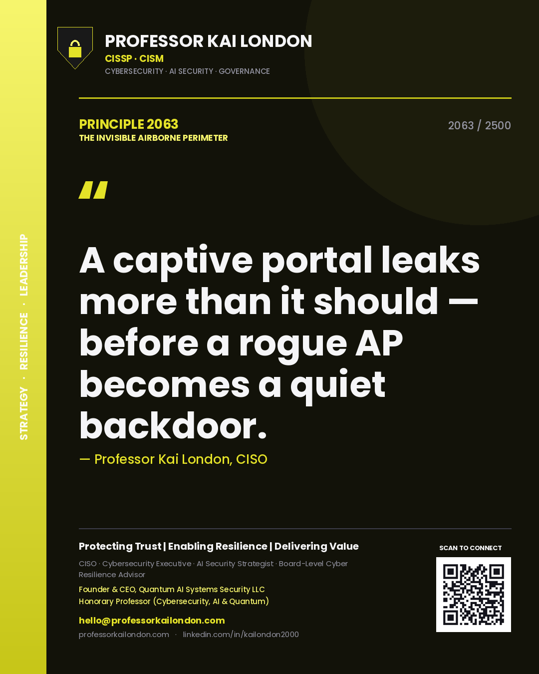 Quote card by Professor Kai London reading 'A captive portal leaks more than it should — before a rogue AP becomes a quiet backdoor.'. From the book The Invisible Airborne Perimeter.