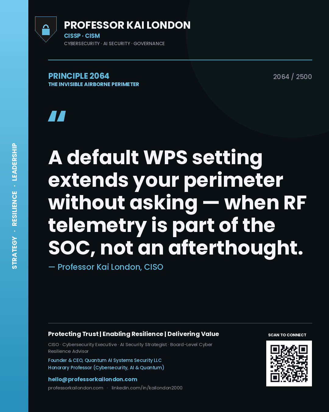 Quote card by Professor Kai London reading 'A default WPS setting extends your perimeter without asking — when RF telemetry is part of the SOC, not an afterthought.'. From the book The Invisible Airborne Perimeter.