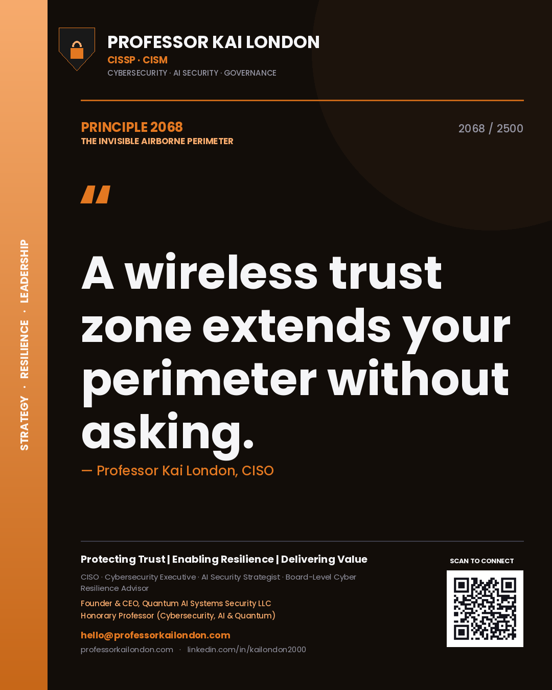 Quote card by Professor Kai London reading 'A wireless trust zone extends your perimeter without asking.'. From the book The Invisible Airborne Perimeter.